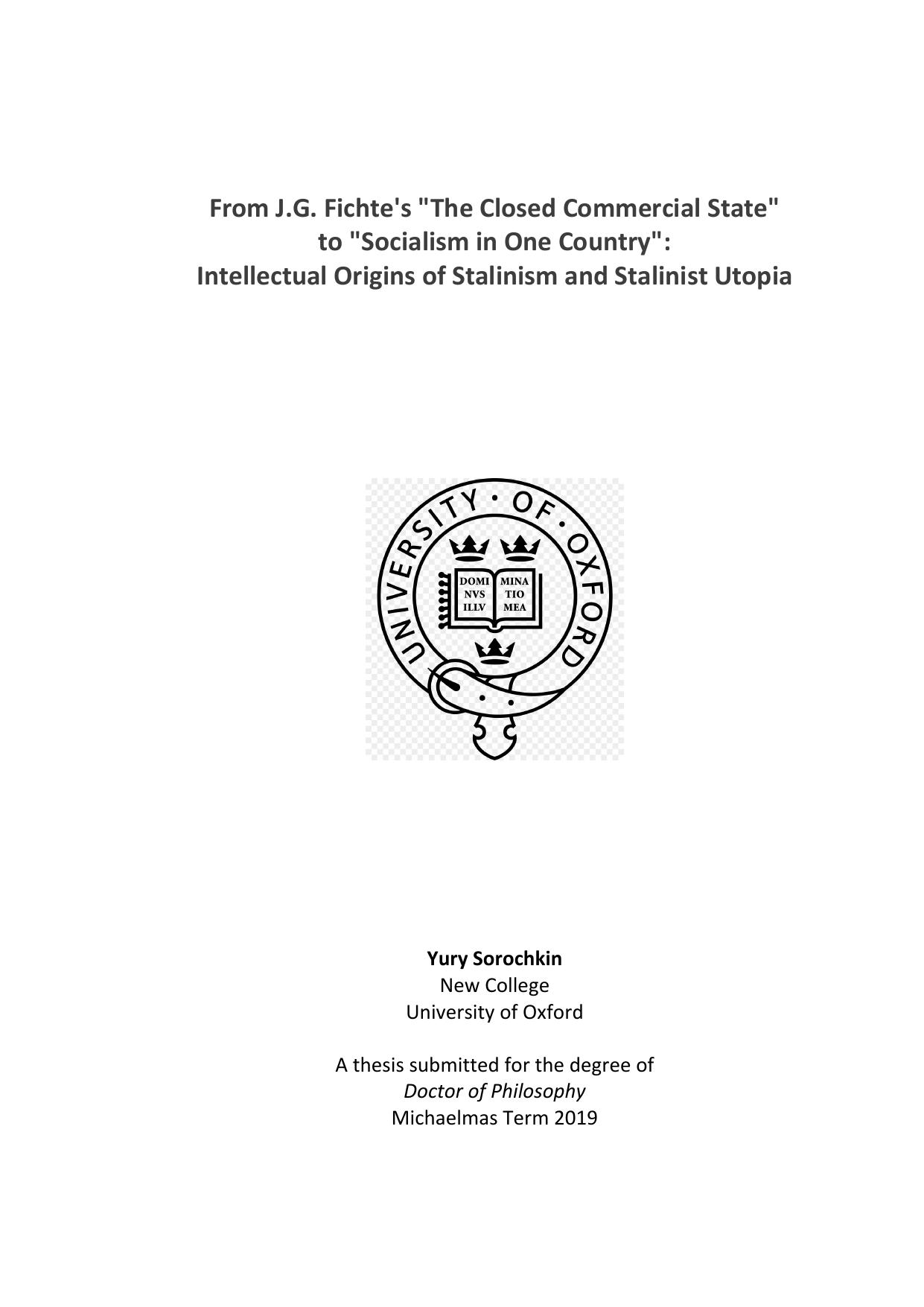 From J.G. Fichte's "The Closed Commercial State" to "Socialism in One Country": Intellectual Origins of Stalinism and Stalinist Utopia by Yury Sorochkin