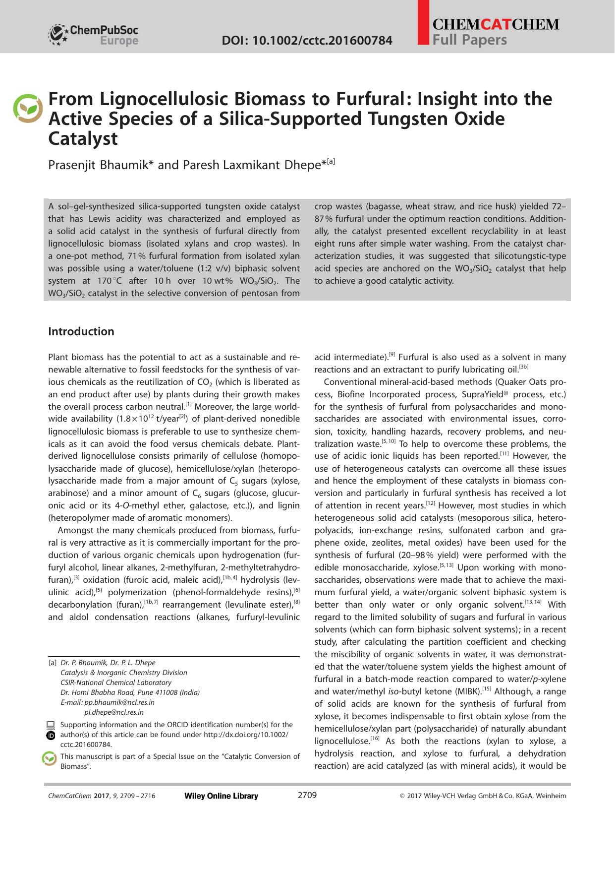 From Lignocellulosic Biomass to Furfural: Insight into the Active Species of a SilicaâSupported Tungsten Oxide Catalyst by Unknown
