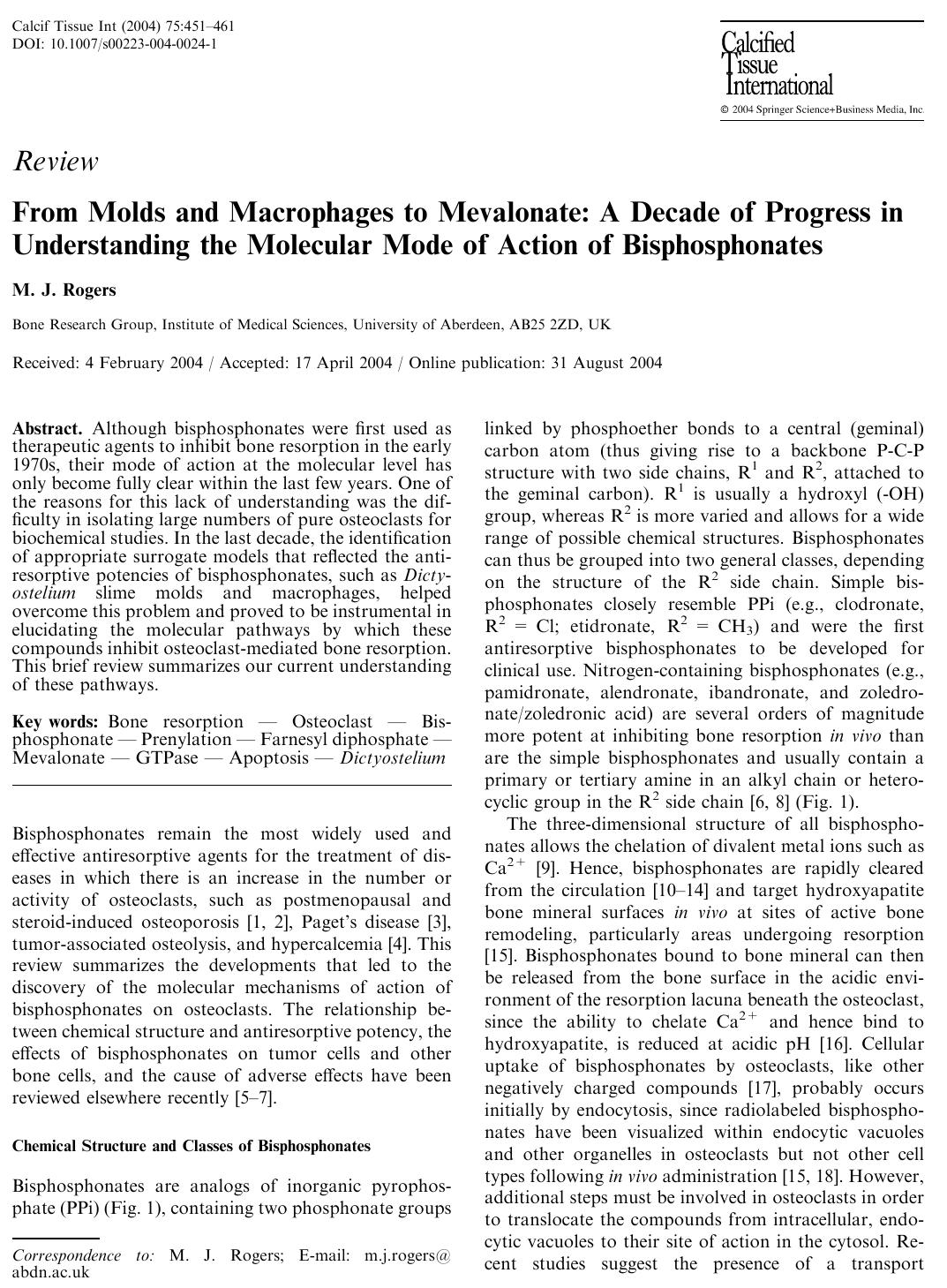 From Molds and Macrophages to Mevalonate: A Decade of Progress in Understanding the Molecular Mode of Action of Bisphosphonates by Rogers M.J