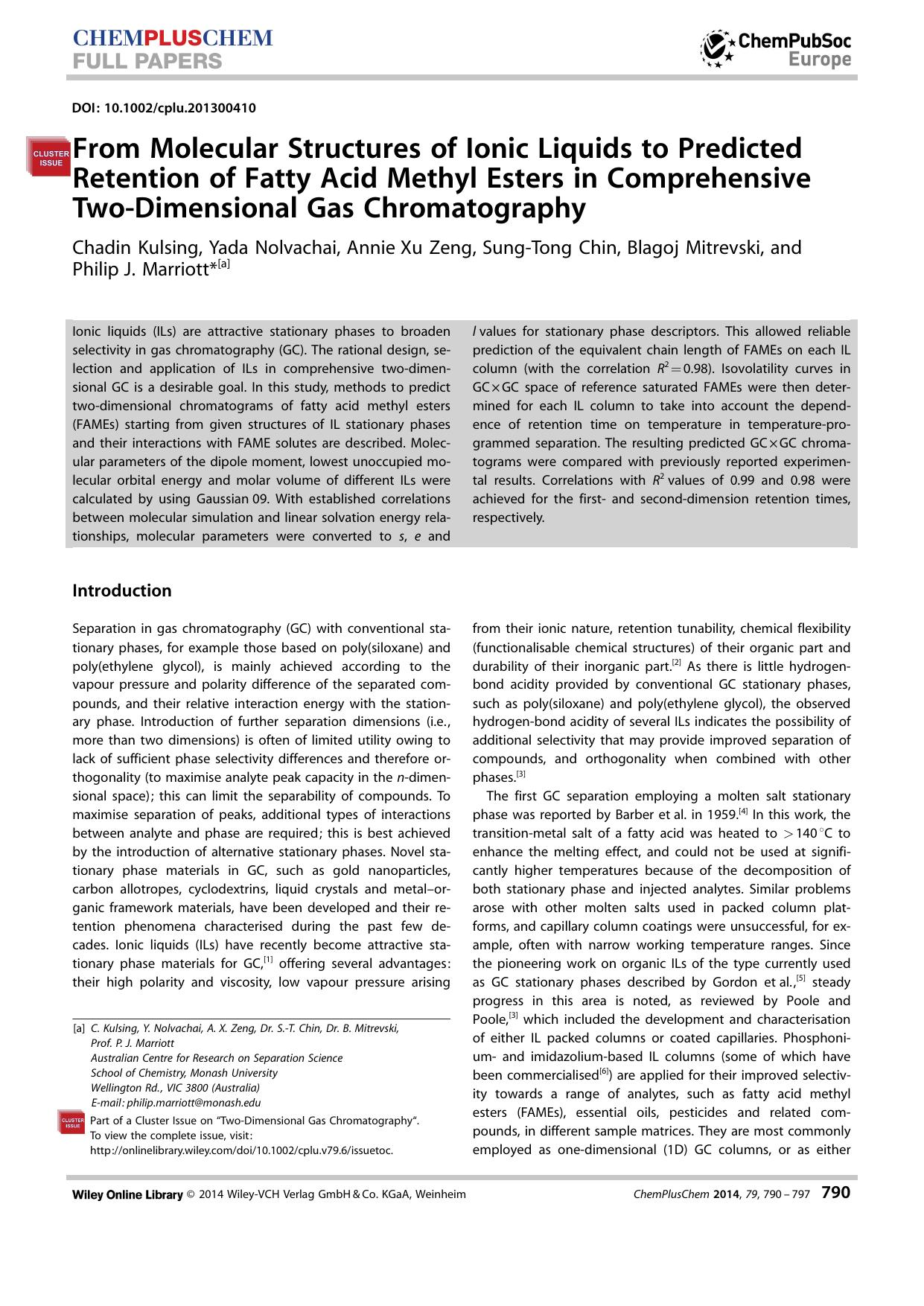 From Molecular Structures of Ionic Liquids to Predicted Retention of Fatty Acid Methyl Esters in Comprehensive TwoDimensional Gas Chromatography by Unknown