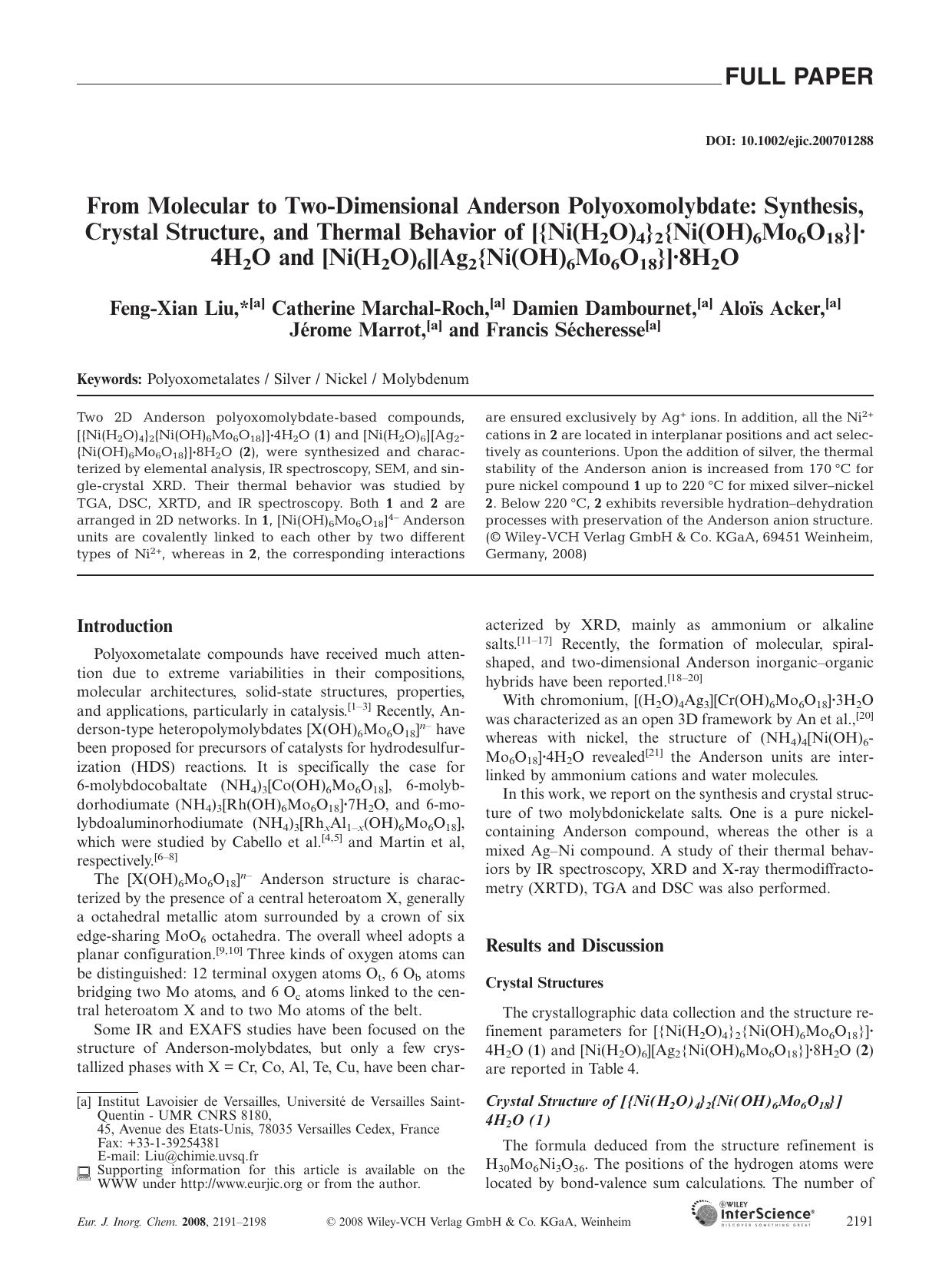 From Molecular to Two-Dimensional Anderson Polyoxomolybdate: Synthesis, Crystal Structure, and Thermal Behavior of [{Ni(H2O)4}2{Ni(OH)6Mo6O18}]Â·4H2O and [Ni(H2O)6][Ag2{Ni(OH)6Mo6O18}]Â·8H2O by Unknown