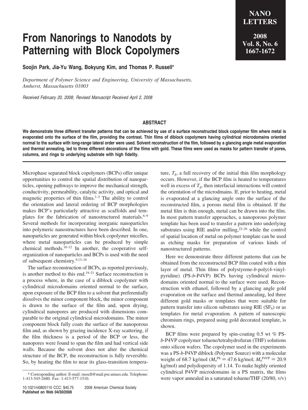 From Nanorings to Nanodots by Patterning with Block Copolymers by Unknown