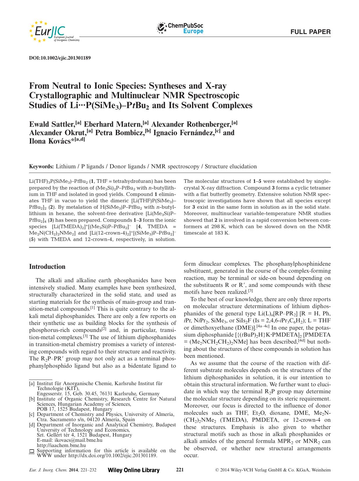 From Neutral to Ionic Species: Syntheses and Xray Crystallographic and Multinuclear NMR Spectroscopic Studies of LiP(SiMe3)PtBu2 and Its Solvent Complexes by Unknown