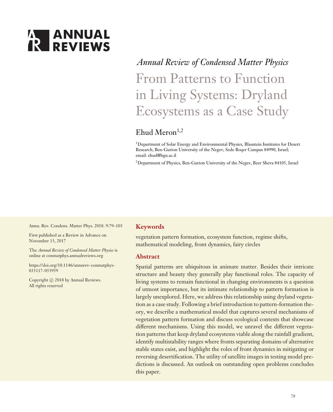 From Patterns to Function in Living Systems: Dryland Ecosystems as a Case Study by Ehud Meron