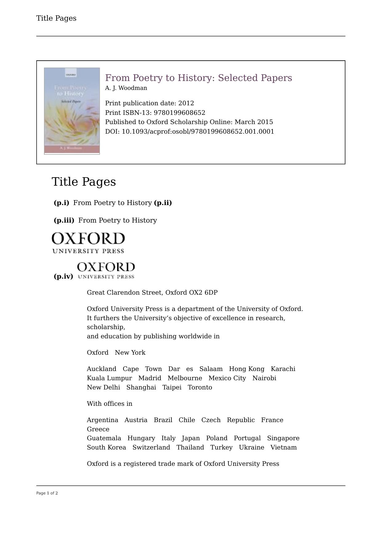 From Poetry to History: Selected Papers by A. J. Woodman