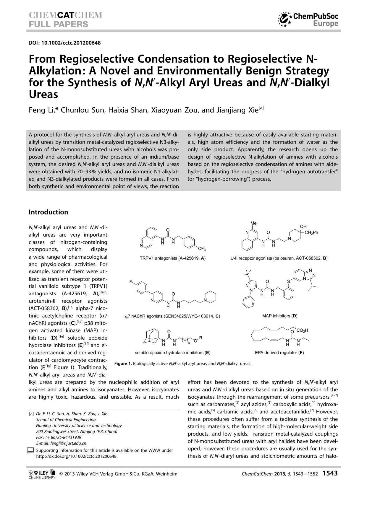 From Regioselective Condensation to Regioselective NAlkylation: A Novel and Environmentally Benign Strategy for the Synthesis of N,NAlkyl Aryl Ureas and N,NDialkyl Ureas by Unknown