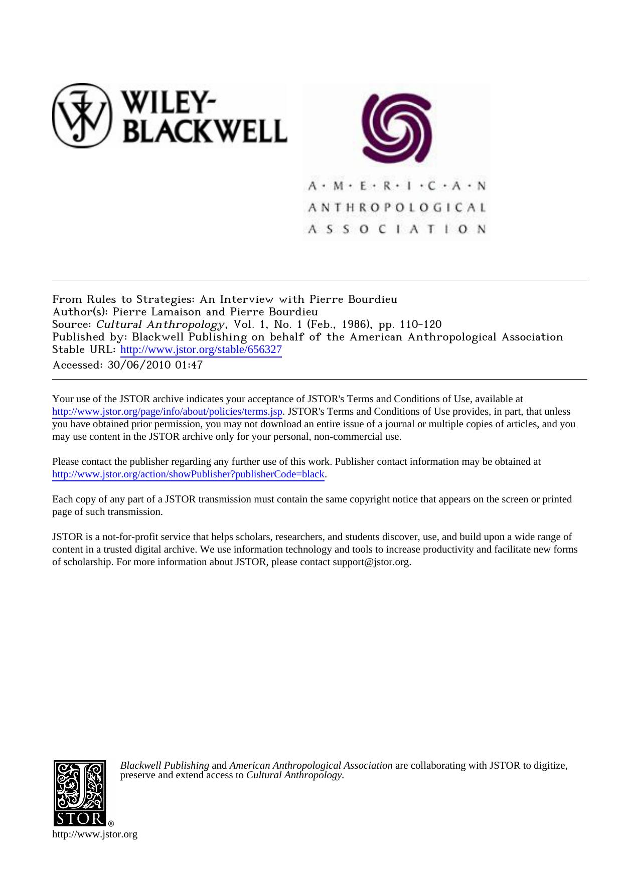 From Rules to Strategies: An Interview with Pierre Bourdieu by An Interview & Pierre Bourdieu