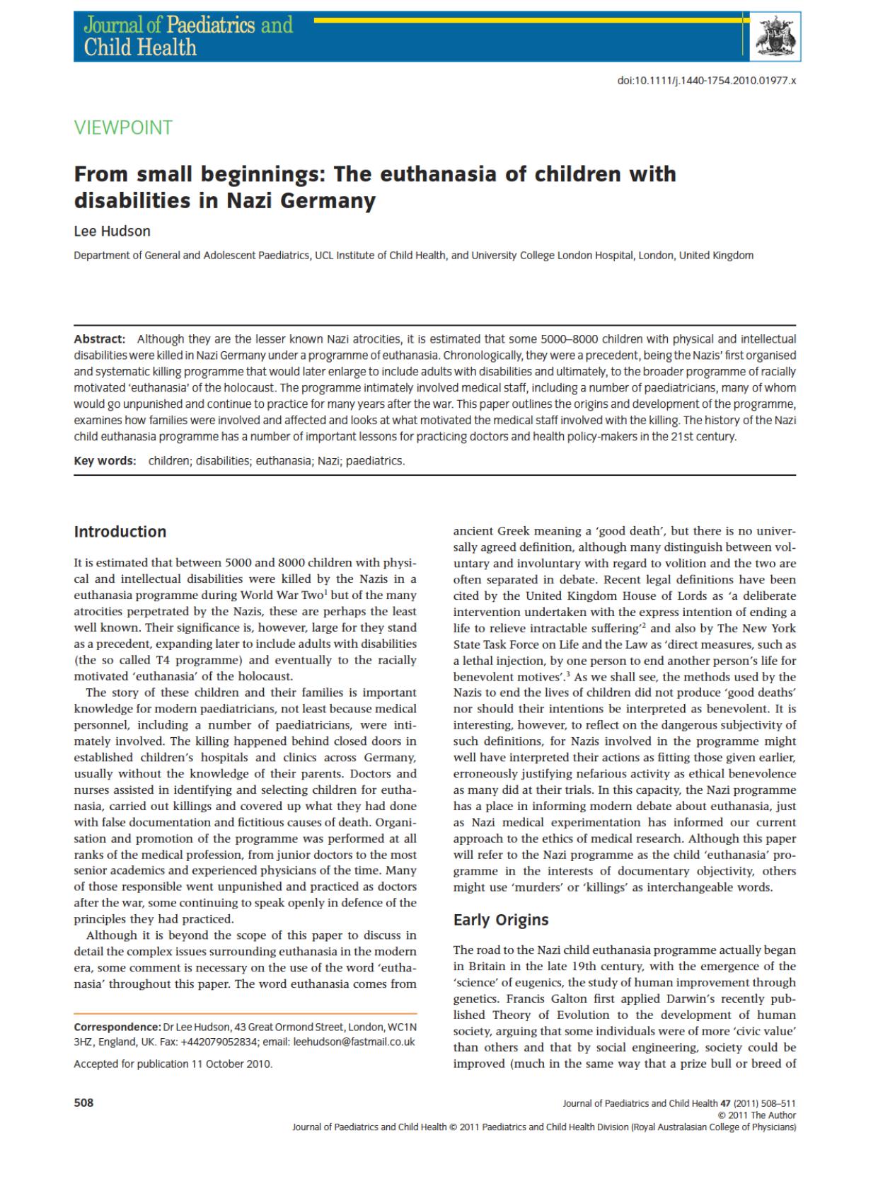 From Small Beginnings; The Euthanasia of Children with Disabilities in Nazi Germany by unknow