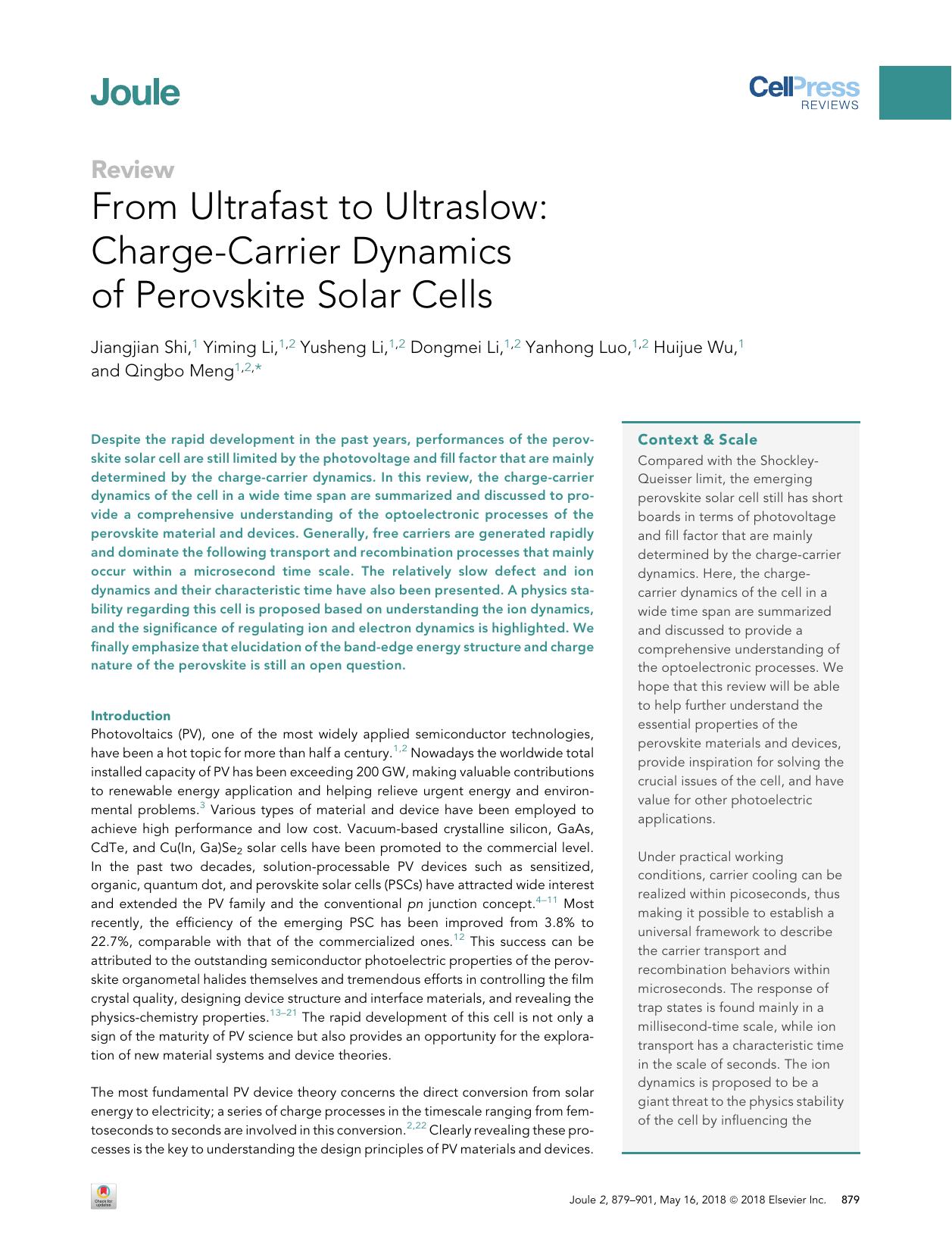 From Ultrafast to Ultraslow: Charge-Carrier Dynamics of Perovskite Solar Cells by Jiangjian Shi & Yiming Li & Yusheng Li & Dongmei Li & Yanhong Luo & Huijue Wu & Qingbo Meng