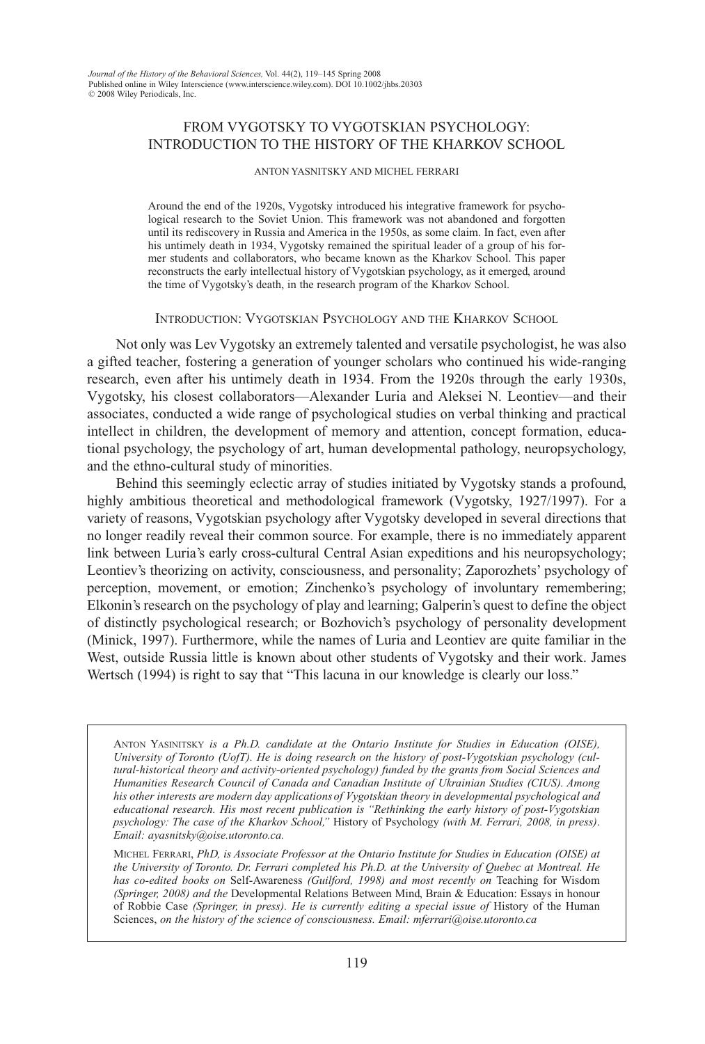 From Vygotsky to Vygotskian psychology: Introduction to the history of the Kharkov School by Liah Rose