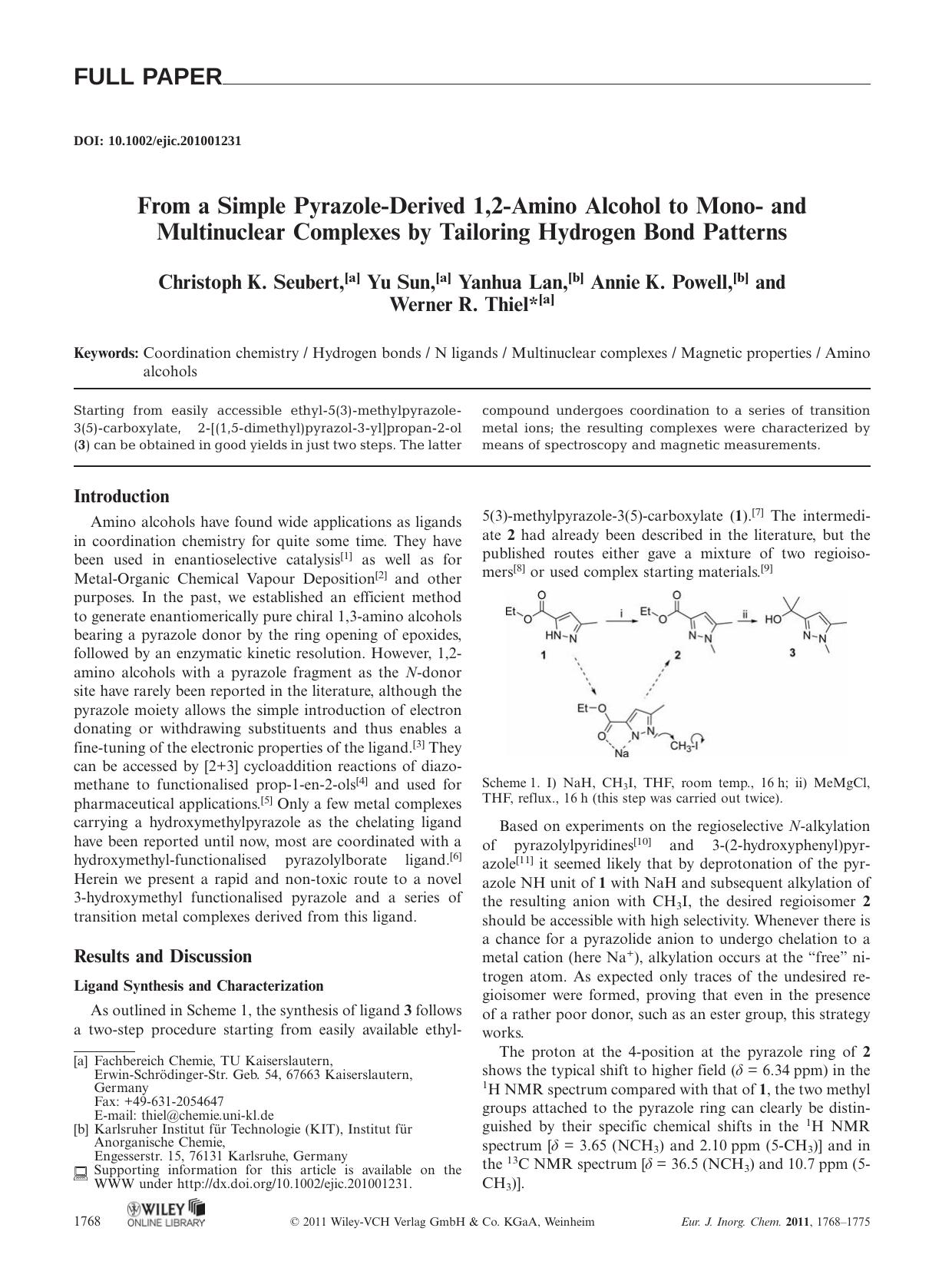 From a Simple PyrazoleDerived 1,2Amino Alcohol to Mono and Multinuclear Complexes by Tailoring Hydrogen Bond Patterns by Unknown