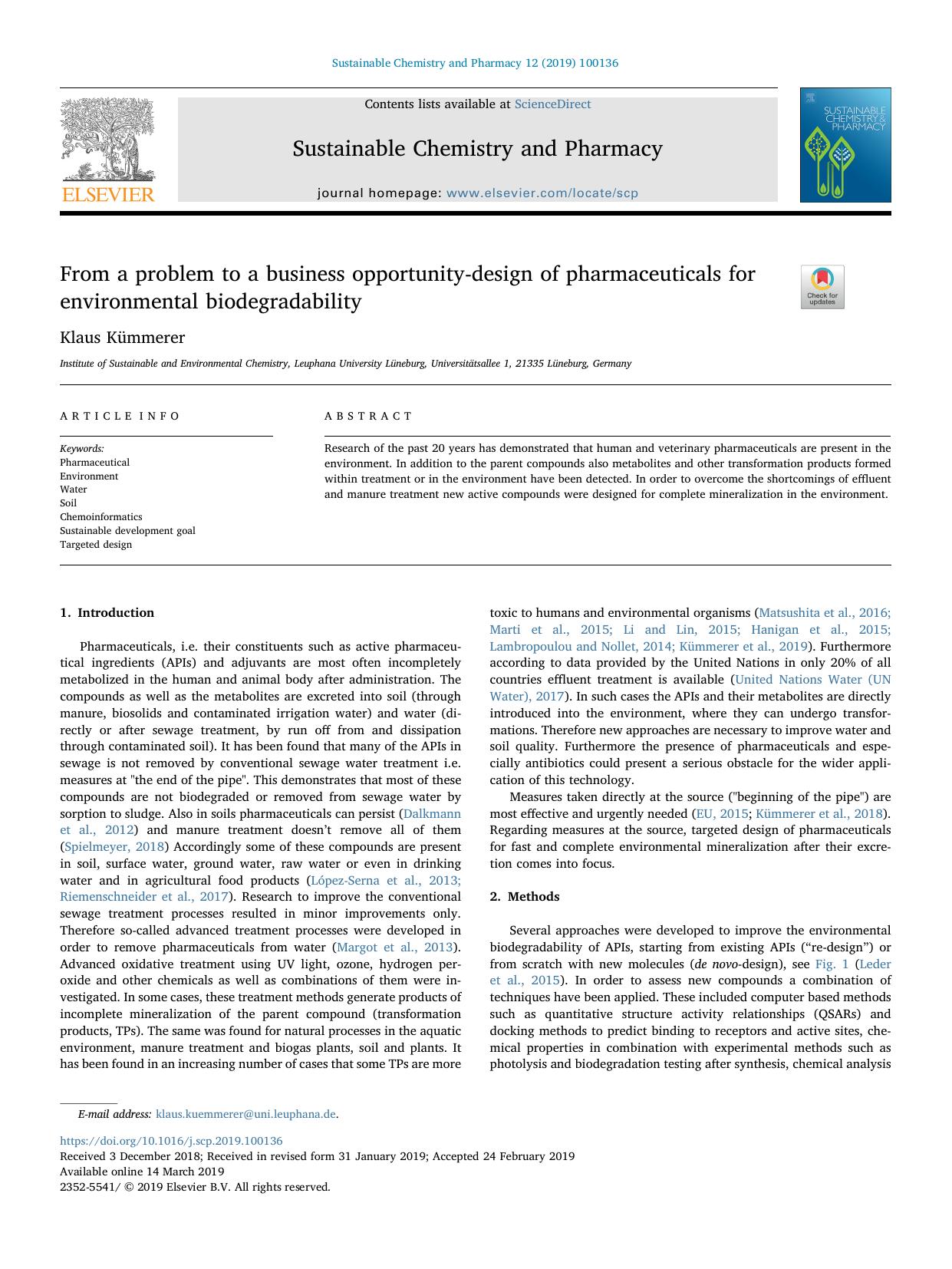From a problem to a business opportunity-design of pharmaceuticals for environmental biodegradability by Klaus Kümmerer