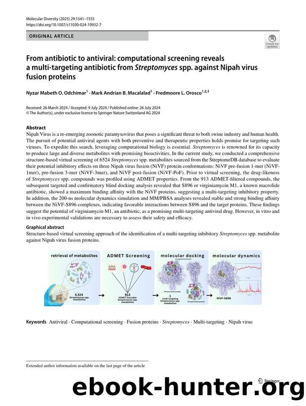 From antibiotic to antiviral: computational screening reveals a multi-targeting antibiotic from Streptomyces spp. against Nipah virus fusion proteins by Nyzar Mabeth O. Odchimar & Mark Andrian B. Macalalad & Fredmoore L. Orosco