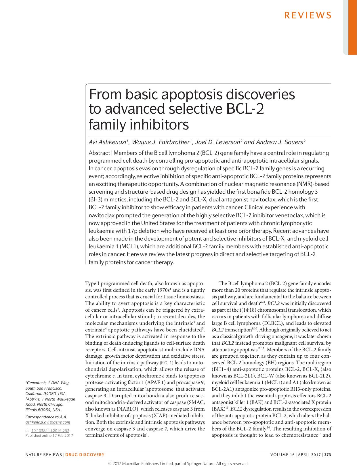 From basic apoptosis discoveries to advanced selective BCL-2 family inhibitors by Avi Ashkenazi & Wayne J. Fairbrother & Joel D. Leverson & Andrew J. Souers