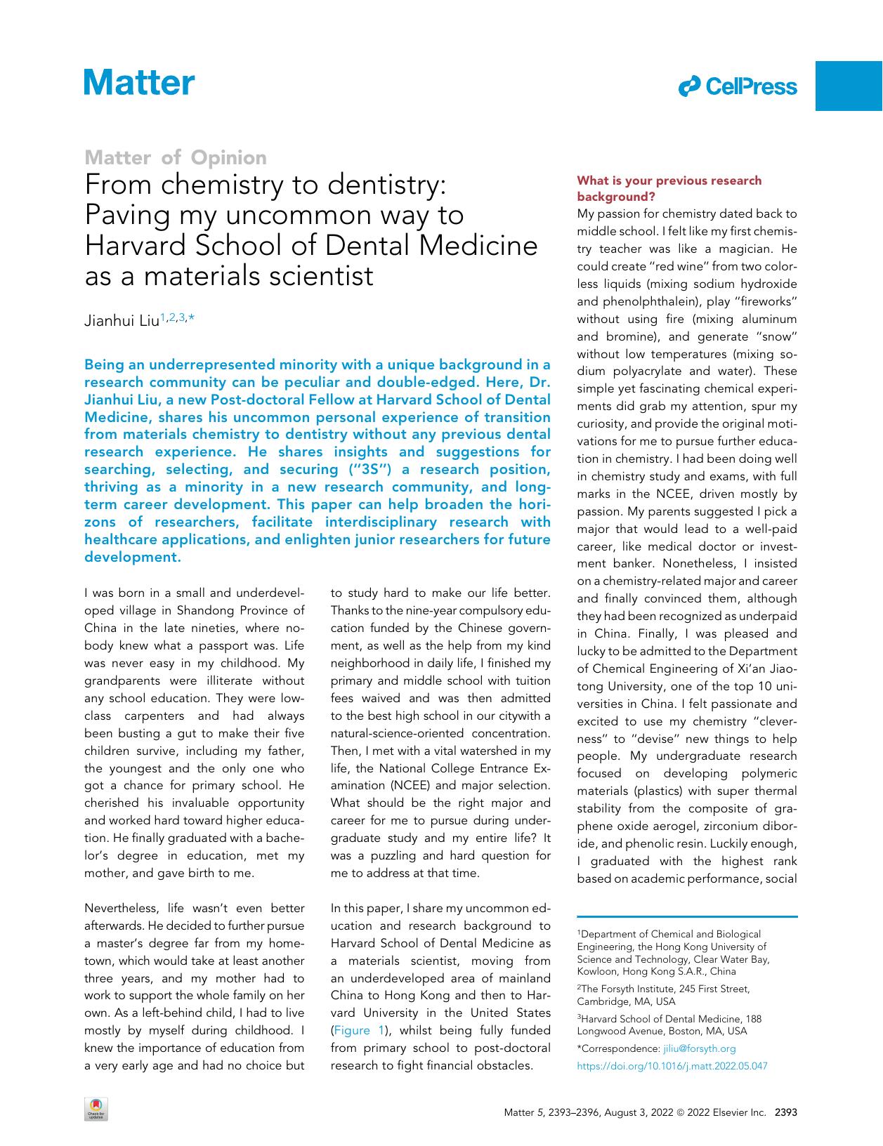 From chemistry to dentistry: Paving my uncommon way to Harvard School of Dental Medicine as a materials scientist by Jianhui Liu