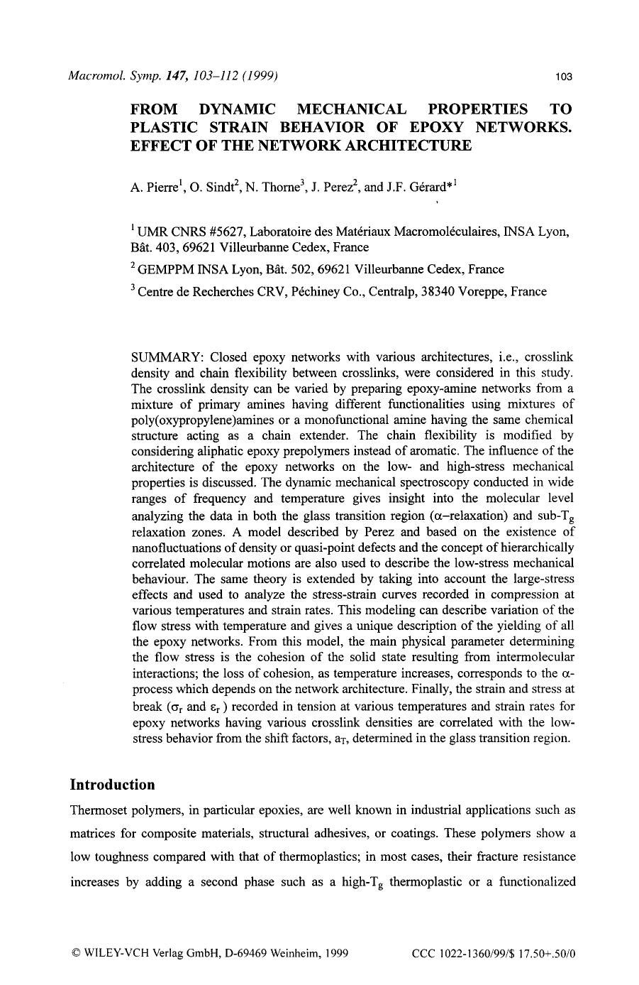 From dynamic mechanical properties to plastic strain behavior of epoxy networks. Effect of the network architecture by Unknown