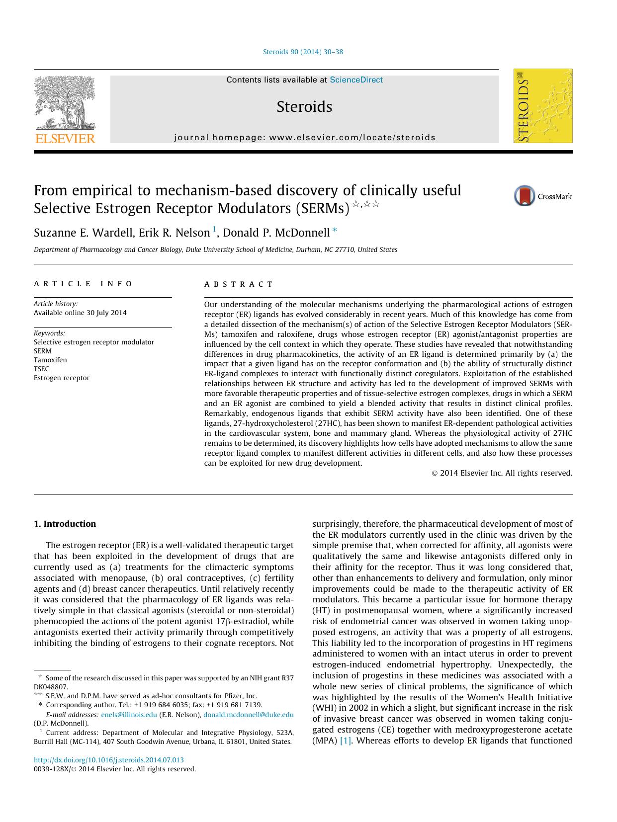 From empirical to mechanism-based discovery of clinically useful Selective Estrogen Receptor Modulators (SERMs) by Suzanne E. Wardell & Erik R. Nelson & Donald P. McDonnell