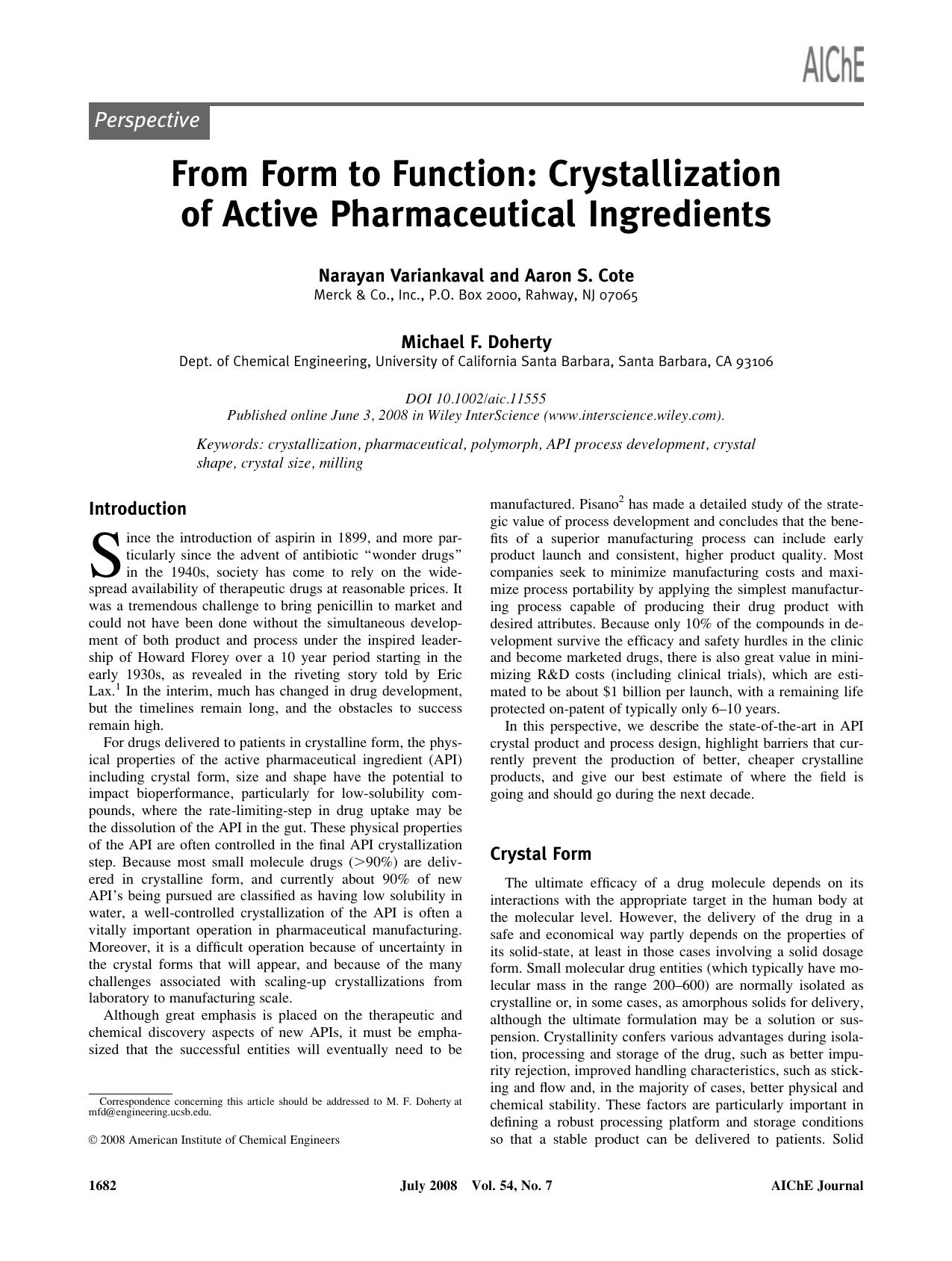 From form to function: Crystallization of active pharmaceutical ingredients by Unknown