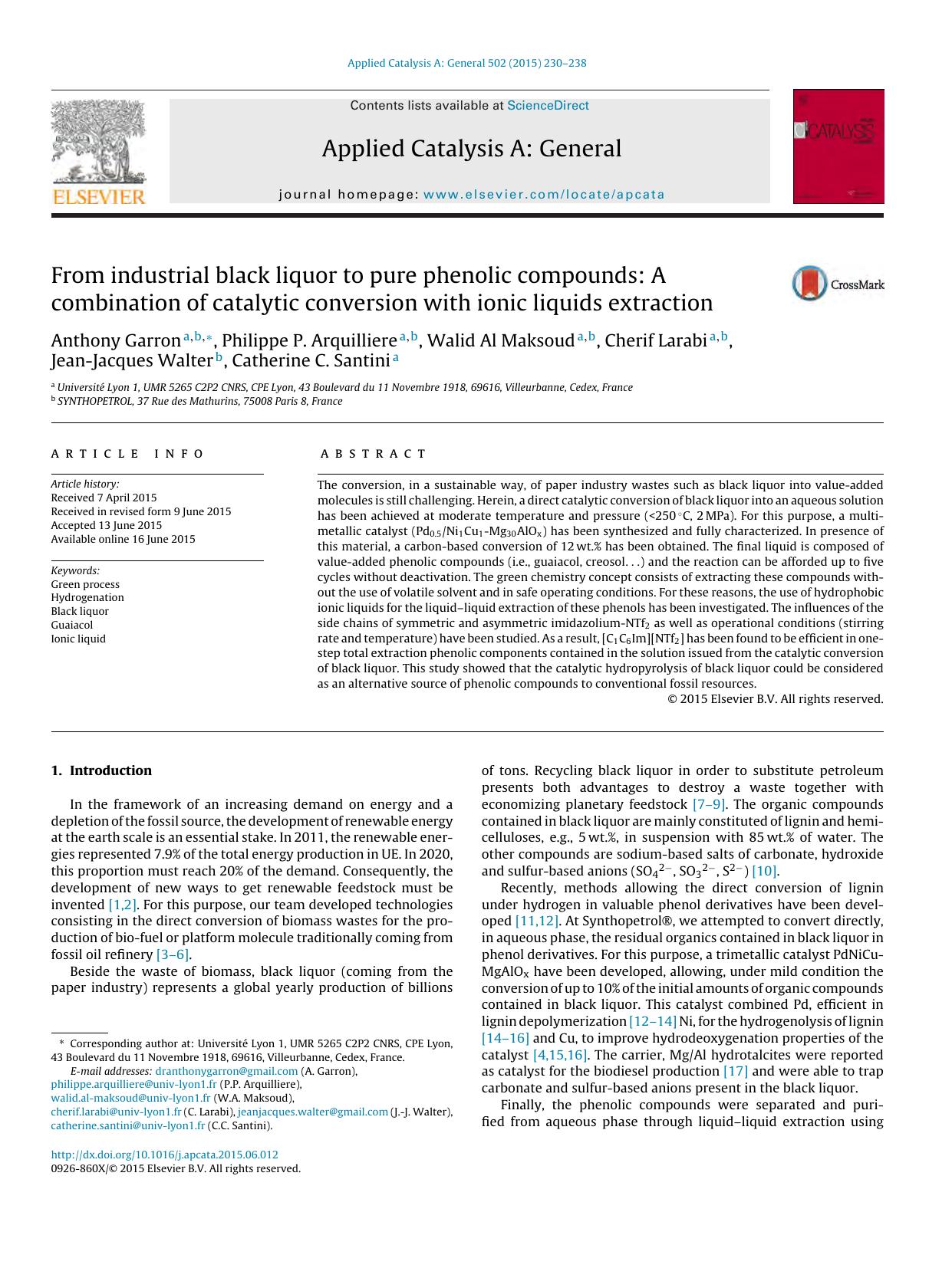 From industrial black liquor to pure phenolic compounds: A combination of catalytic conversion with ionic liquids extraction by unknow