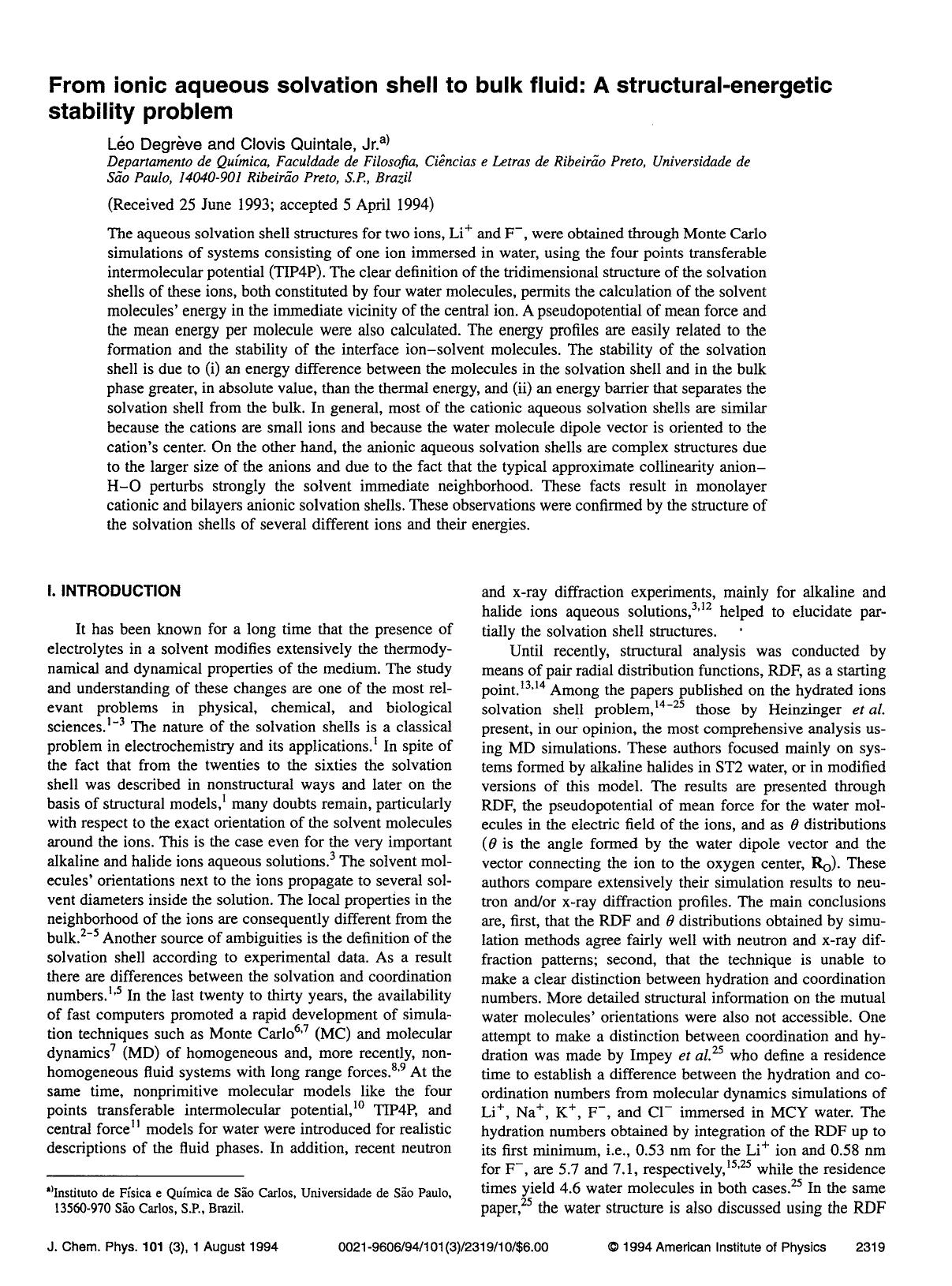 From ionic aqueous solvation shell to bulk fluid: A structural-energetic stability problem by Leo Degre&&grave;ve; Clovis Quintale