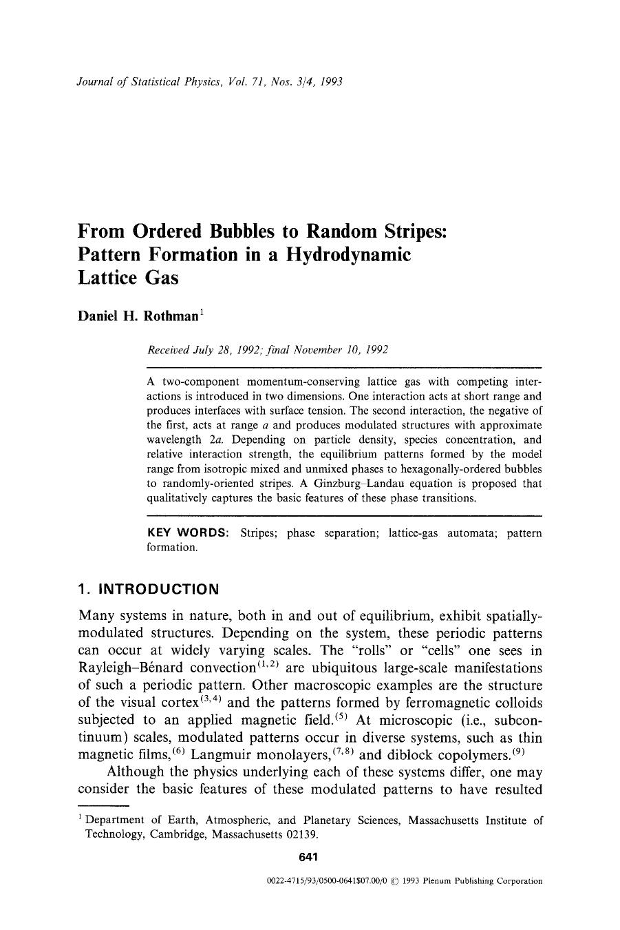 From ordered bubbles to random stripes: Pattern formation in a hydrodynamic lattice gas by Unknown