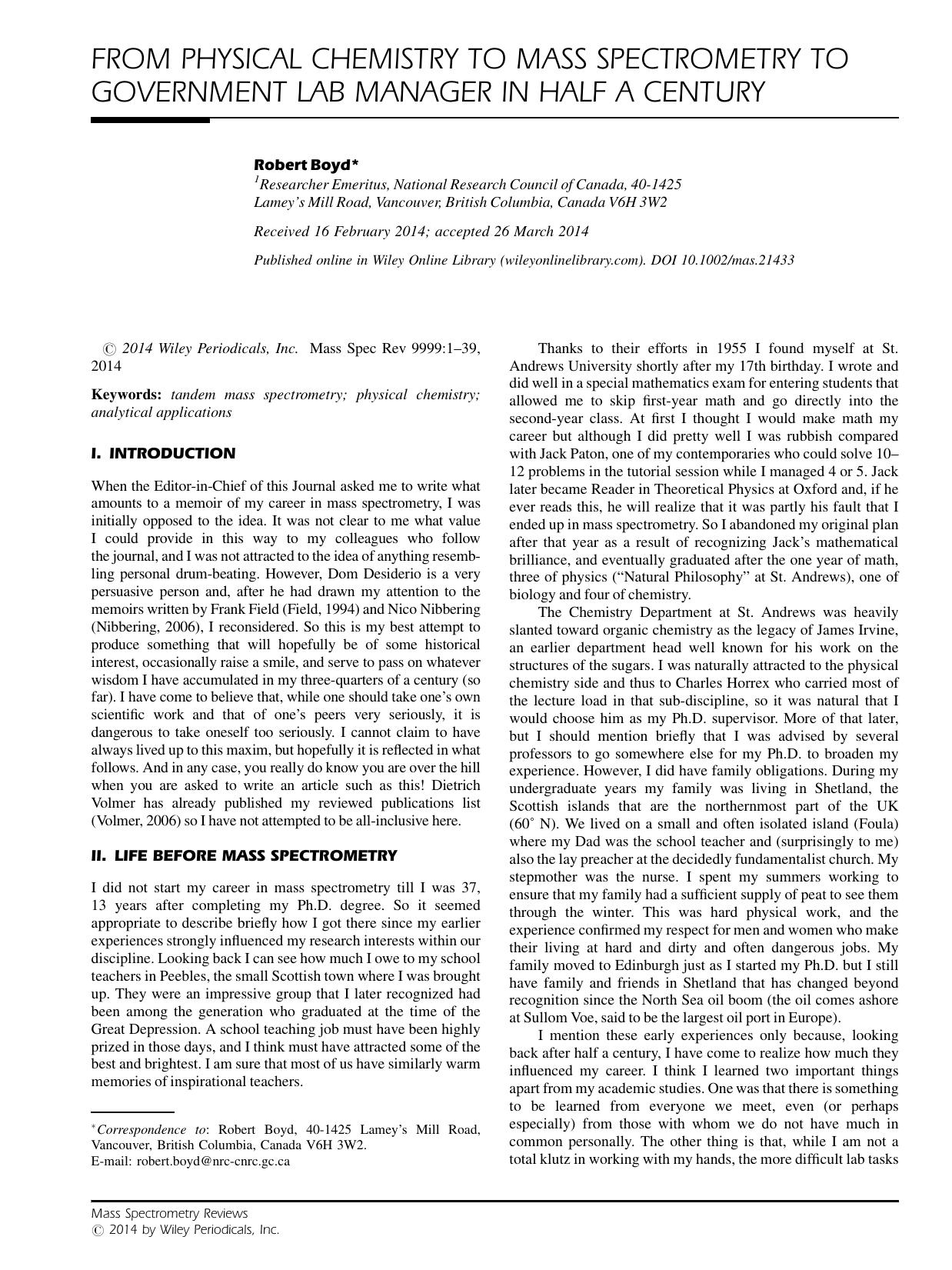 From physical chemistry to mass spectrometry to government lab manager in half a century by Unknown