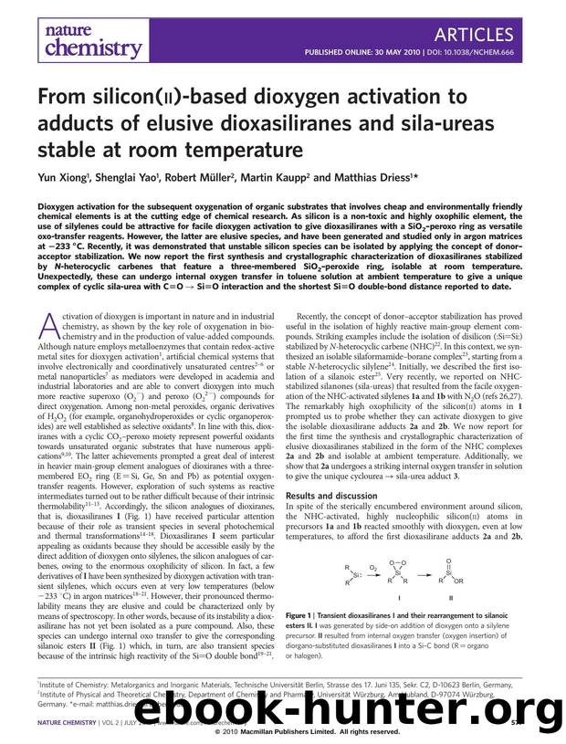 From silicon(<sc>ii<sc>)-based dioxygen activation to adducts of elusive dioxasiliranes and sila-ureas stable at room temperature by Yun Xiong & Shenglai Yao & Robert Müller & Martin Kaupp & Matthias Driess