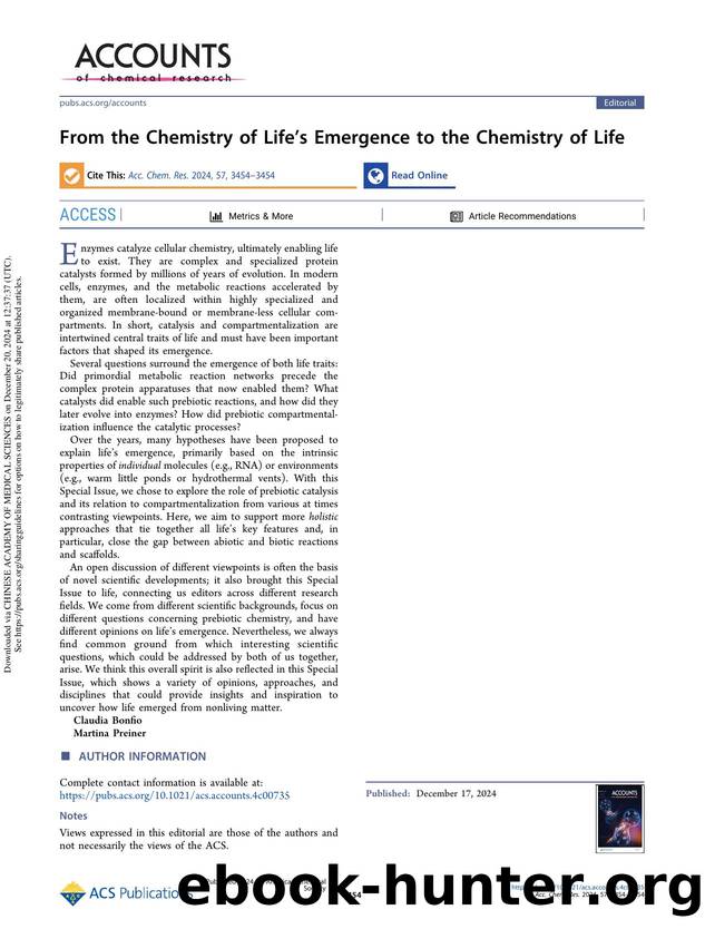 From the Chemistry of Lifeâs Emergence to the Chemistry of Life by Claudia Bonfio & Martina Preiner