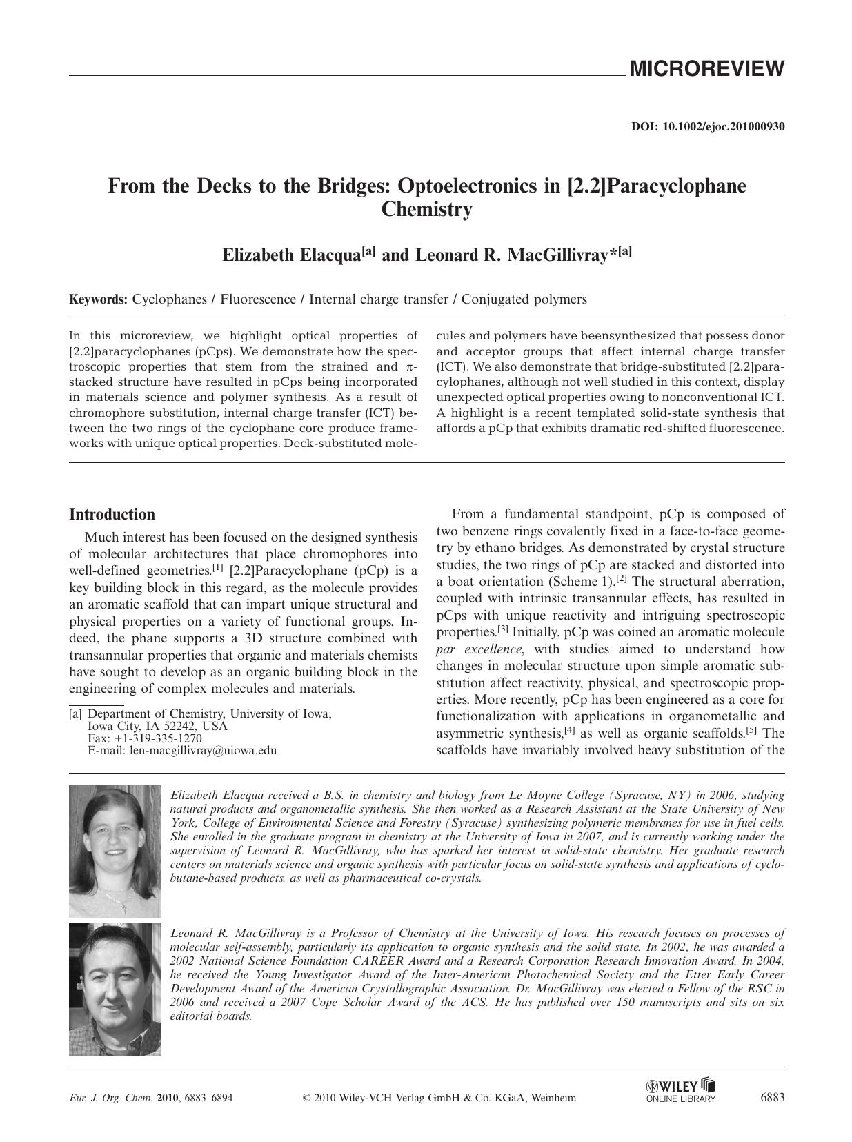 From the Decks to the Bridges: Optoelectronics in [2.2]Paracyclophane Chemistry by Unknown