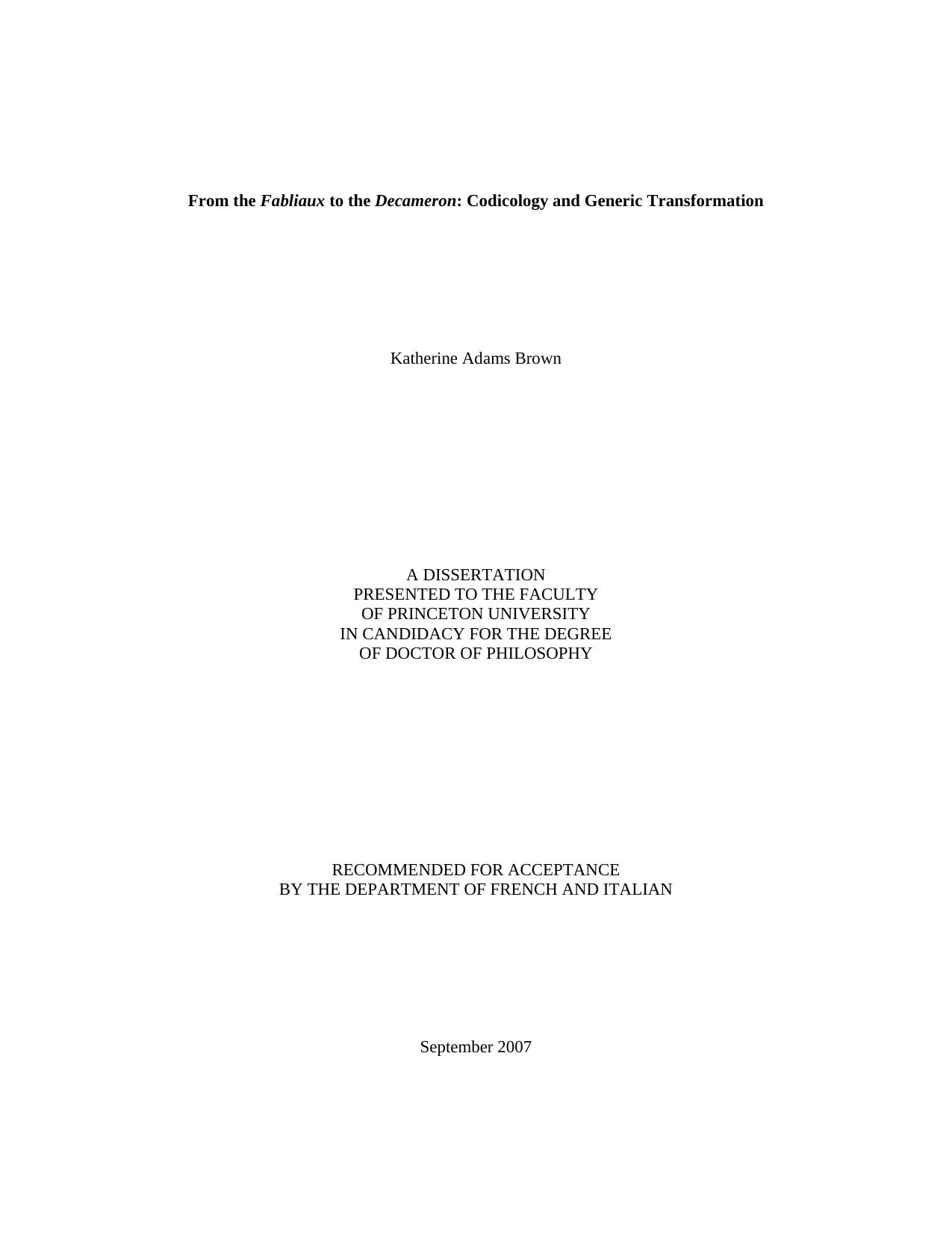 From the Fabliaux to the Decameron: Codicology and Generic Transformation by Katherine Adams Brown
