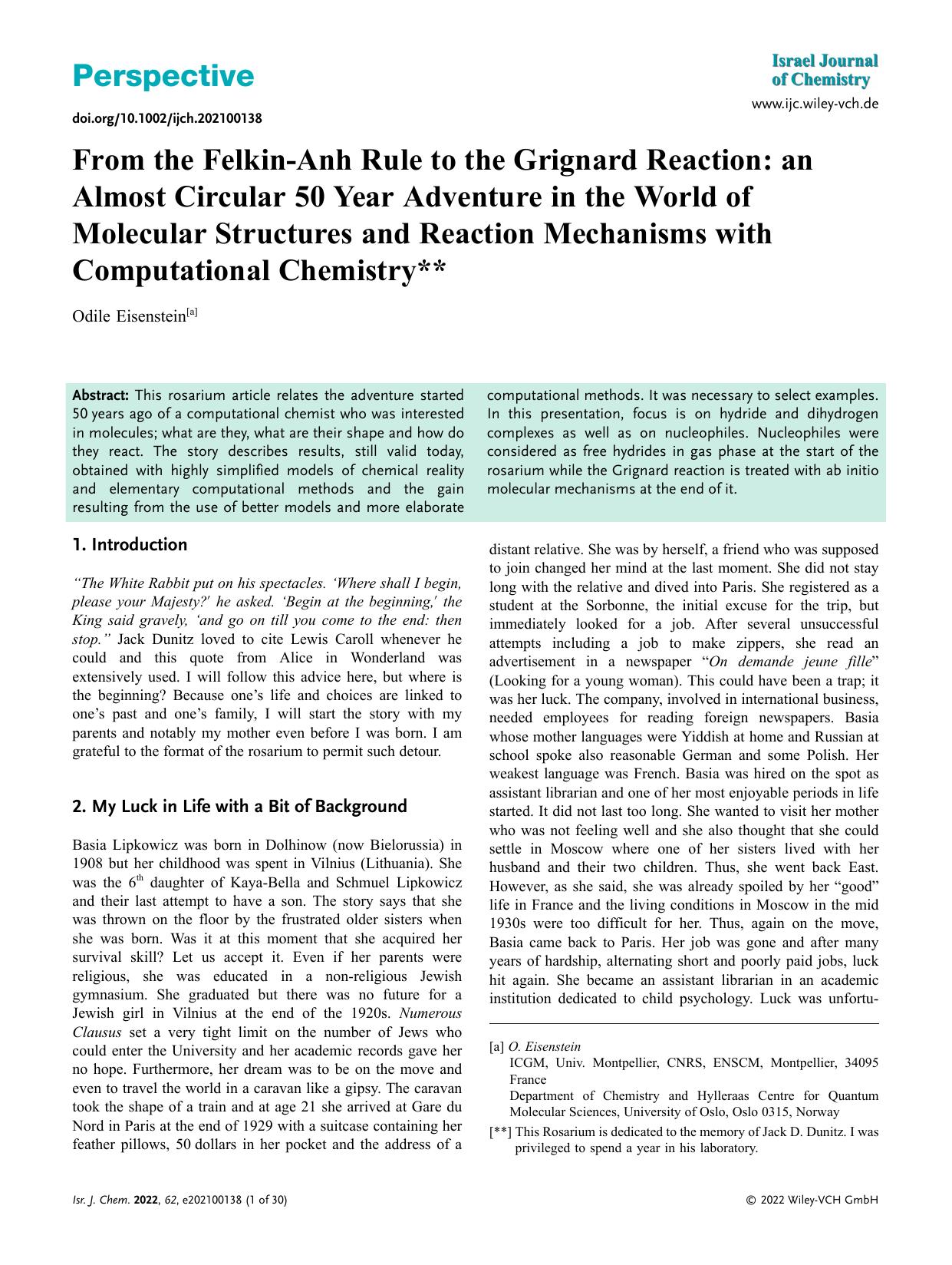 From the FelkinâAnh Rule to the Grignard Reaction: an Almost Circular 50âYear Adventure in the World of Molecular Structures and Reaction Mechanisms with Computational Chemistry by Unknown