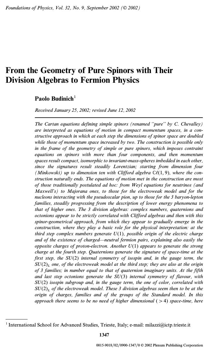 From the Geometry of Pure Spinors with Their Division Algebras to Fermion Physics by Unknown