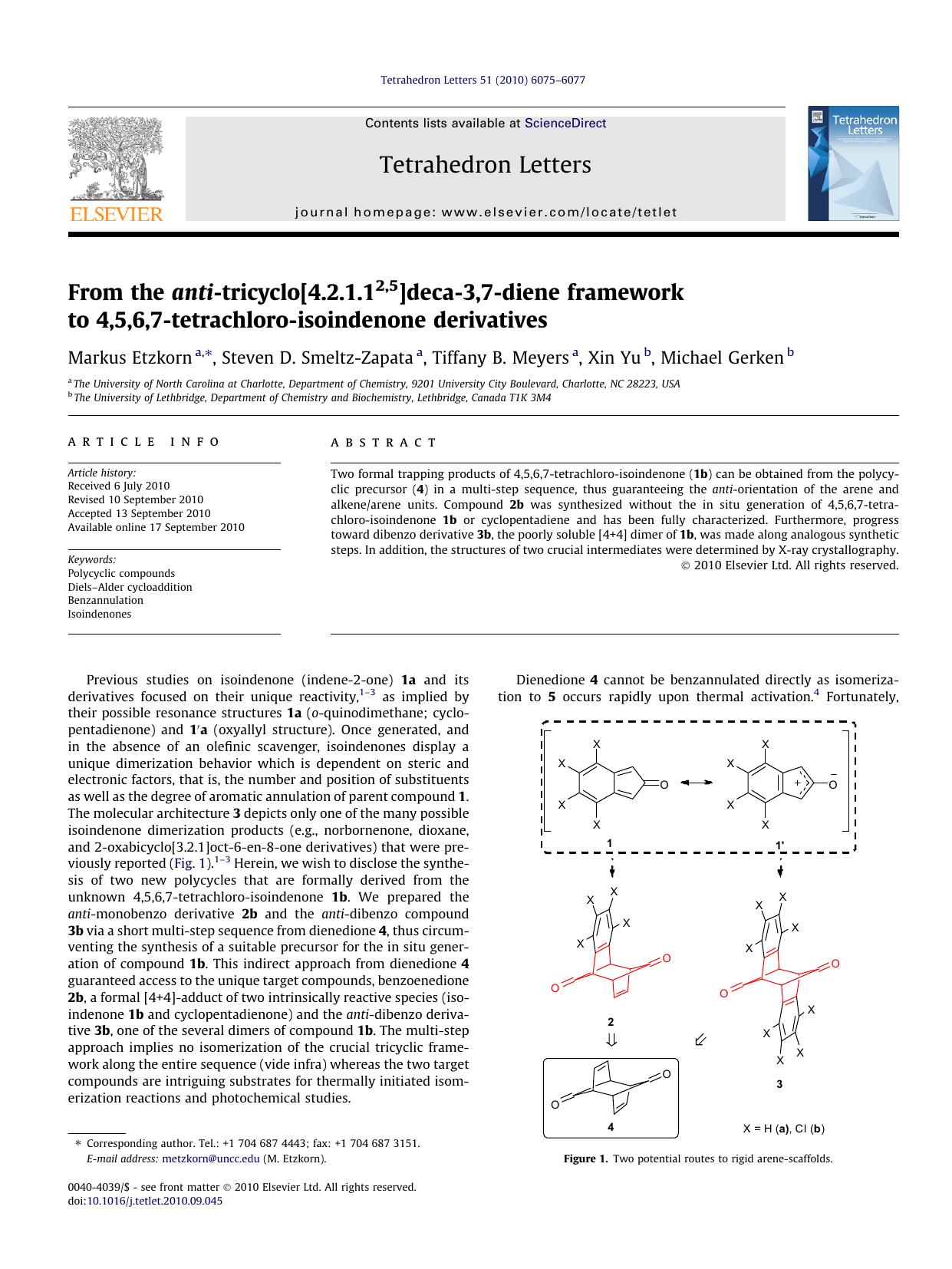 From the anti-tricyclo[4.2.1.12,5]deca-3,7-diene framework to 4,5,6,7-tetrachloro-isoindenone derivatives by Markus Etzkorn & Steven D. Smeltz-Zapata & Tiffany B. Meyers & Xin Yu & Michael Gerken