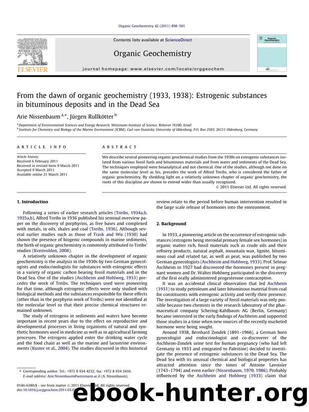 From the dawn of organic geochemistry (1933, 1938): Estrogenic substances in bituminous deposits and in the Dead Sea by Arie Nissenbaum
