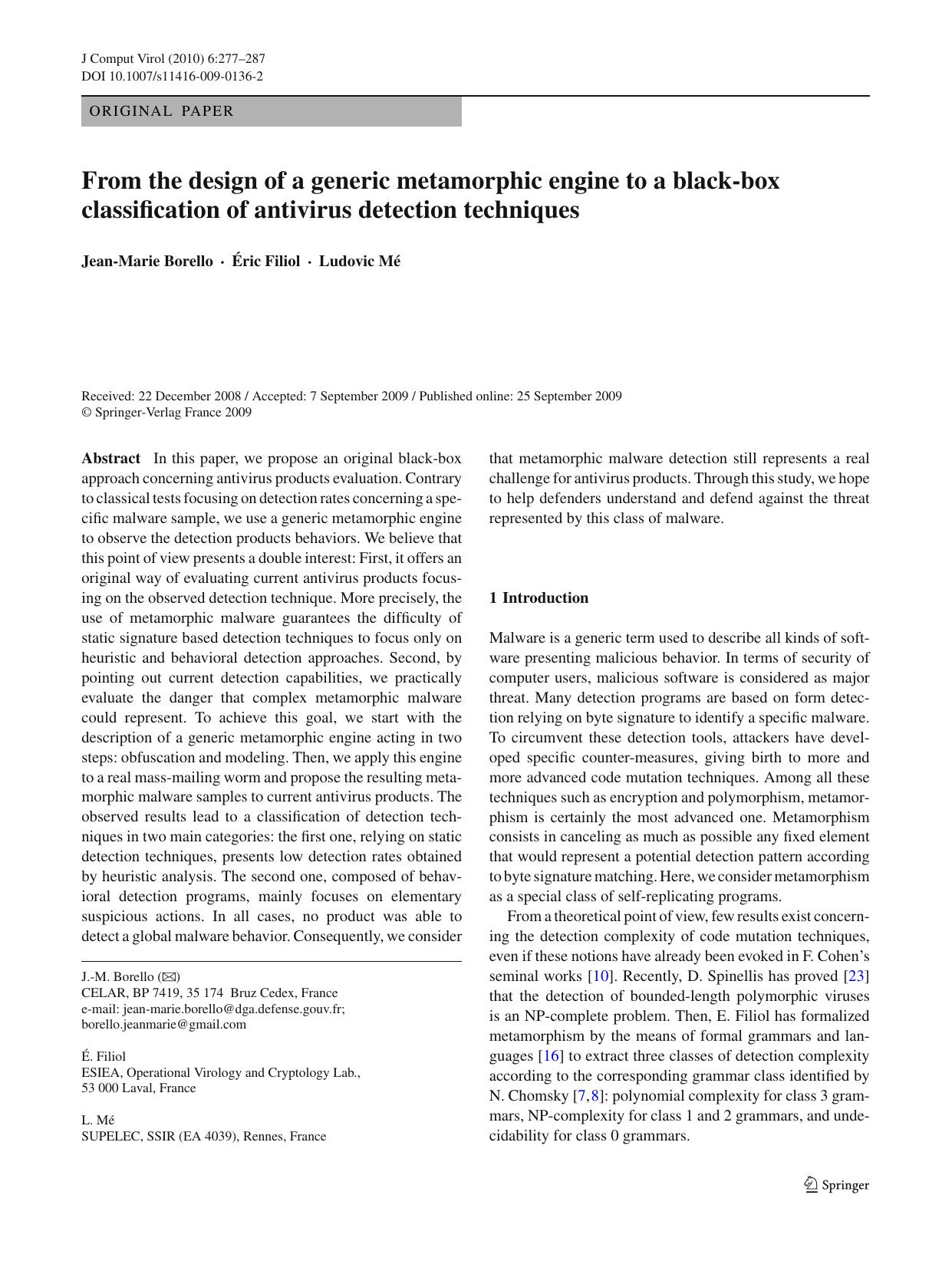 From the design of a generic metamorphic engine to a black-box classification of antivirus detection techniques by Unknown