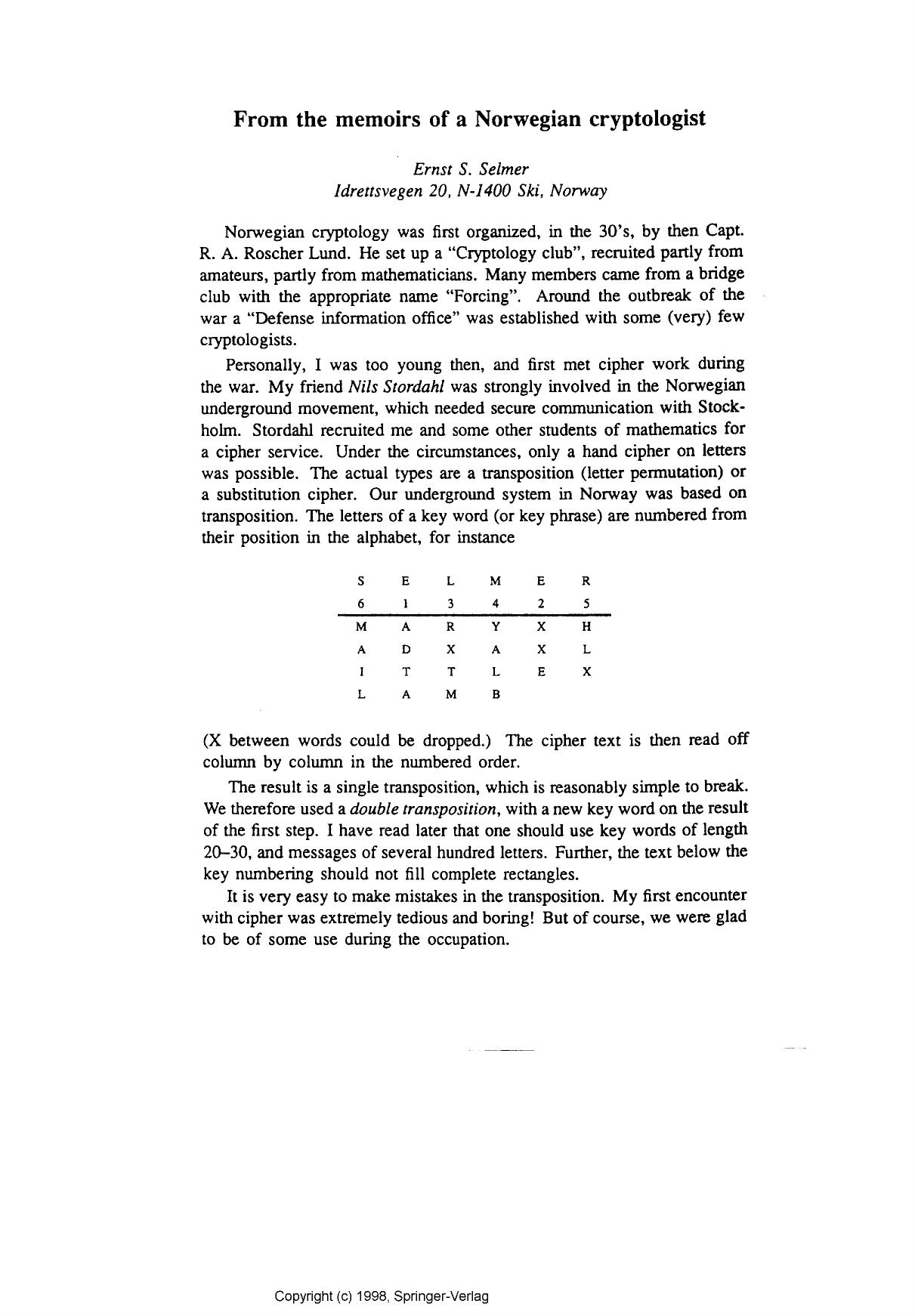 From the memoirs of a Norwegian cryptologist by Selmer E