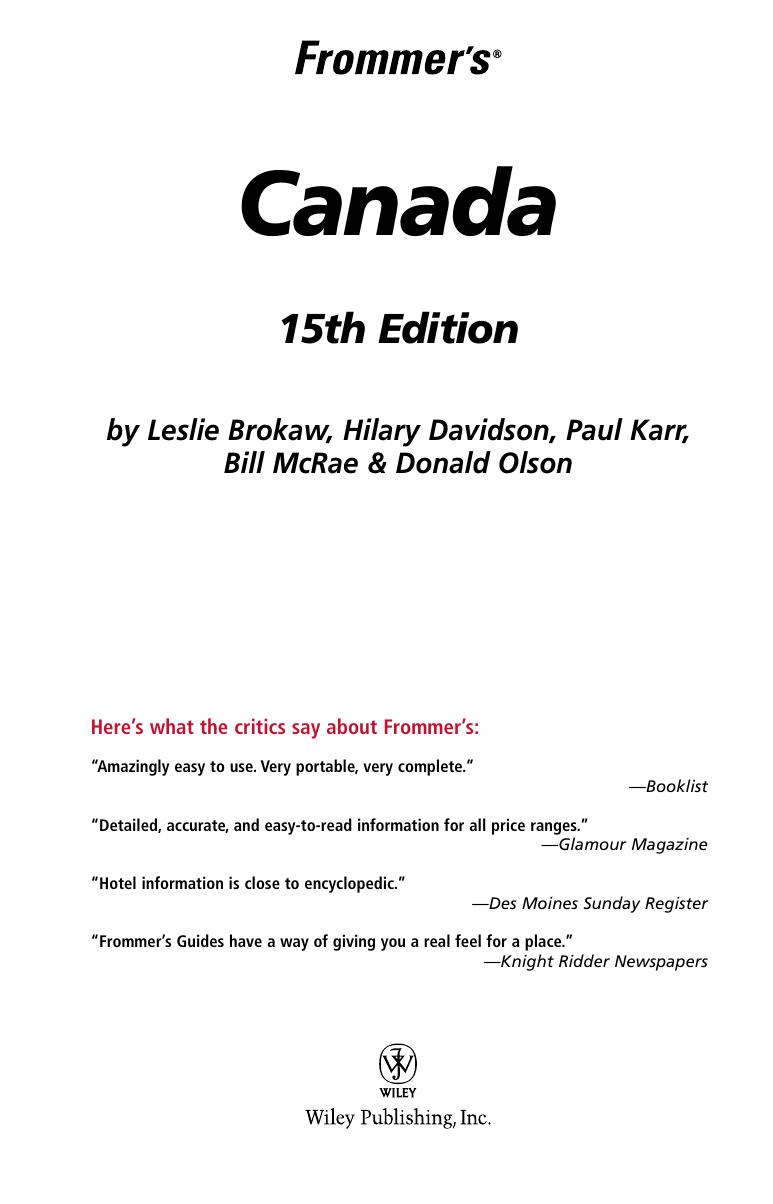 Frommer's Canada by Leslie Brokaw Hilary Davidson Paul Karr Bill McRae Donald Olson
