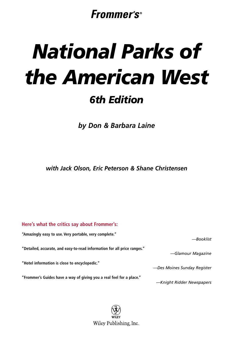 Frommer's National Parks of the American West by Don Laine Barbara Laine Jack Olson Eric Peterson Shane Christensen