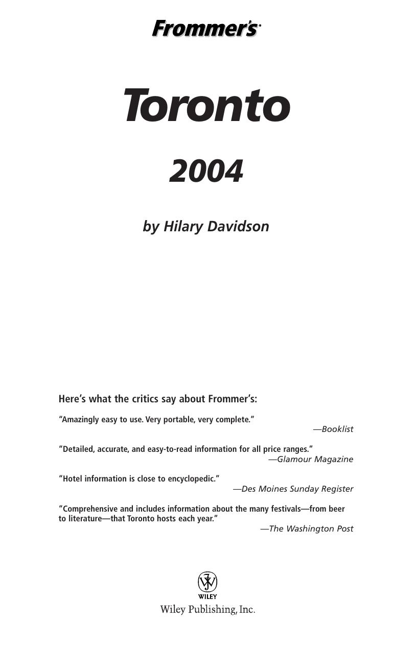 Frommer's Toronto 2004. Frommer's Complete Series, Book 215 by Hilary Davidson
