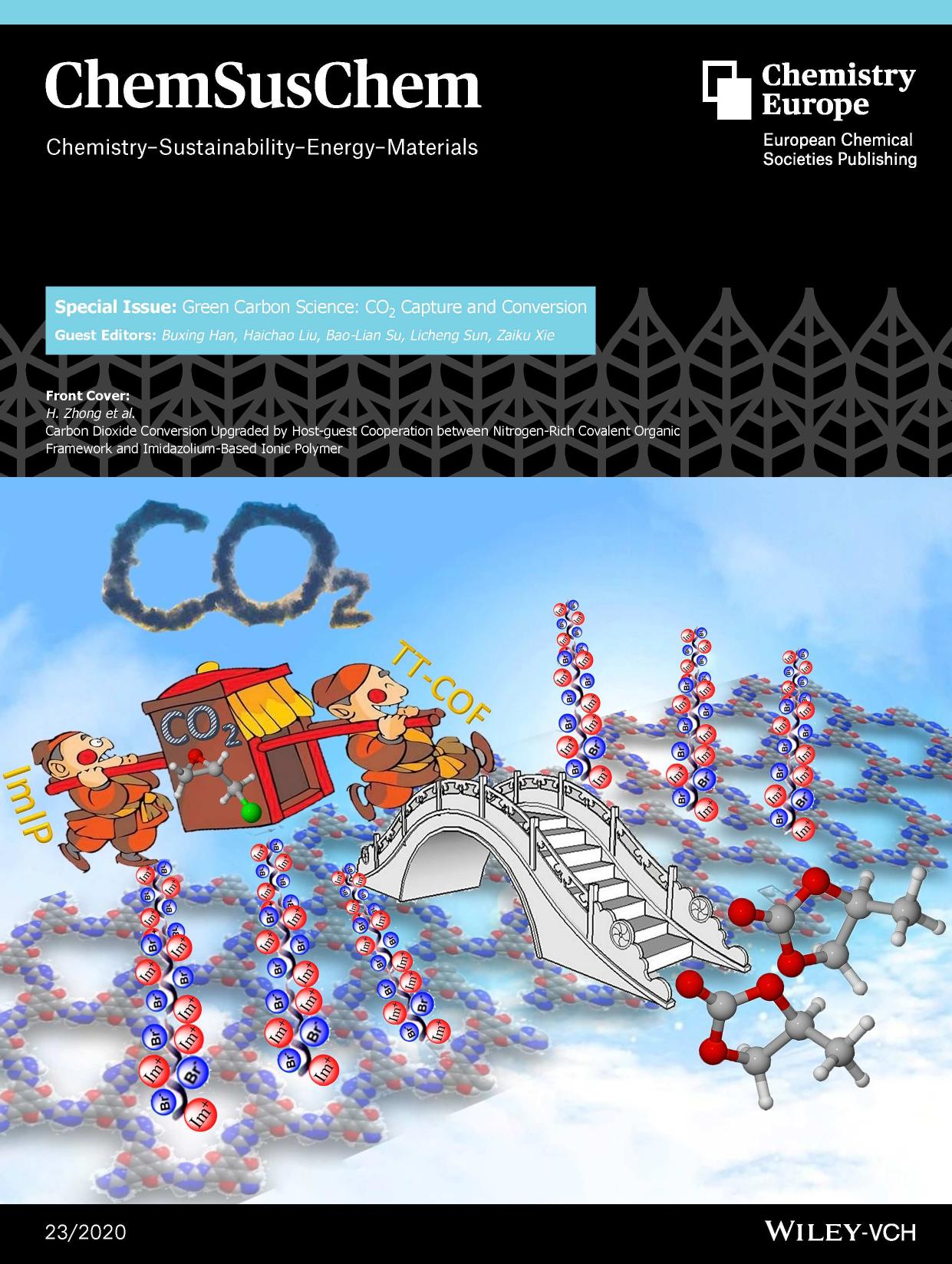 Front Cover: Carbon Dioxide Conversion Upgraded by Hostâguest Cooperation between NitrogenâRich Covalent Organic Framework and ImidazoliumâBased Ionic Polymer (ChemSusChem 232020) by Unknown
