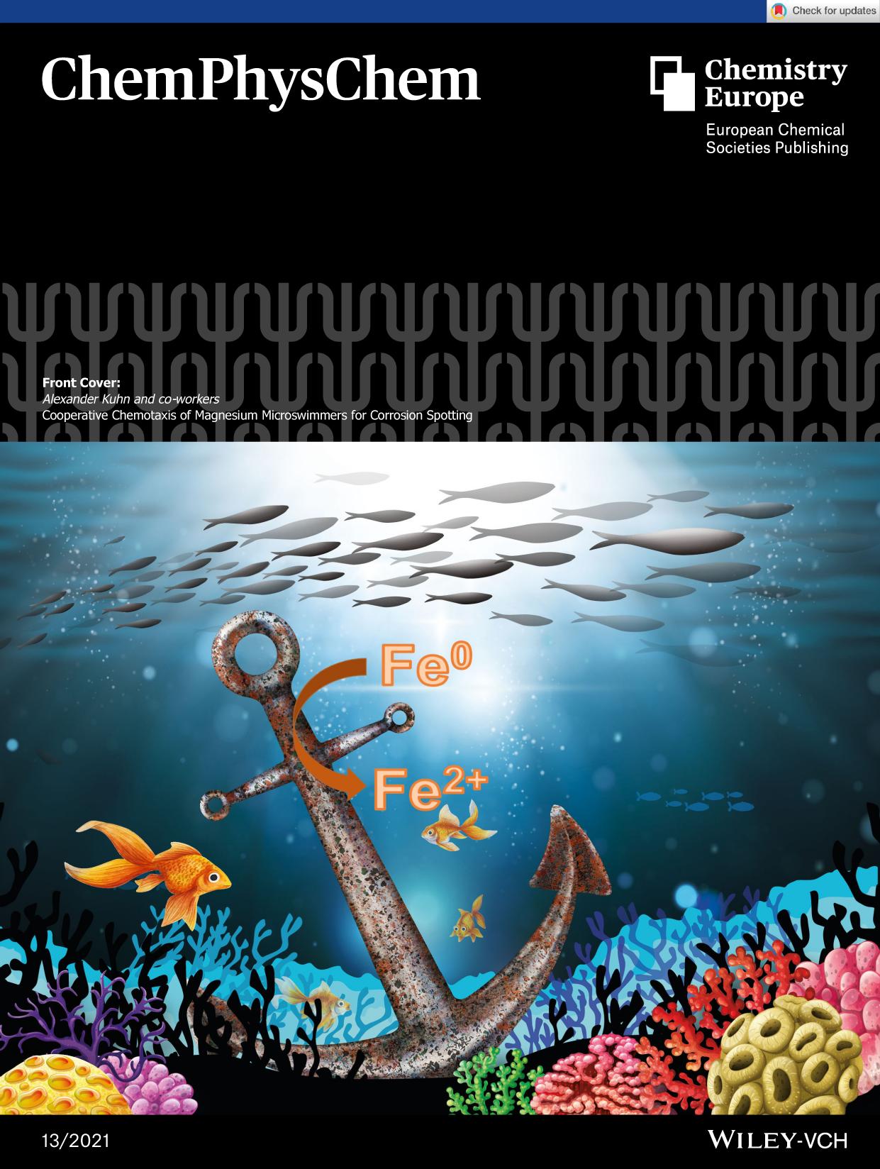 Front Cover: Cooperative Chemotaxis of Magnesium Microswimmers for Corrosion Spotting (ChemPhysChem 132021) by Unknown