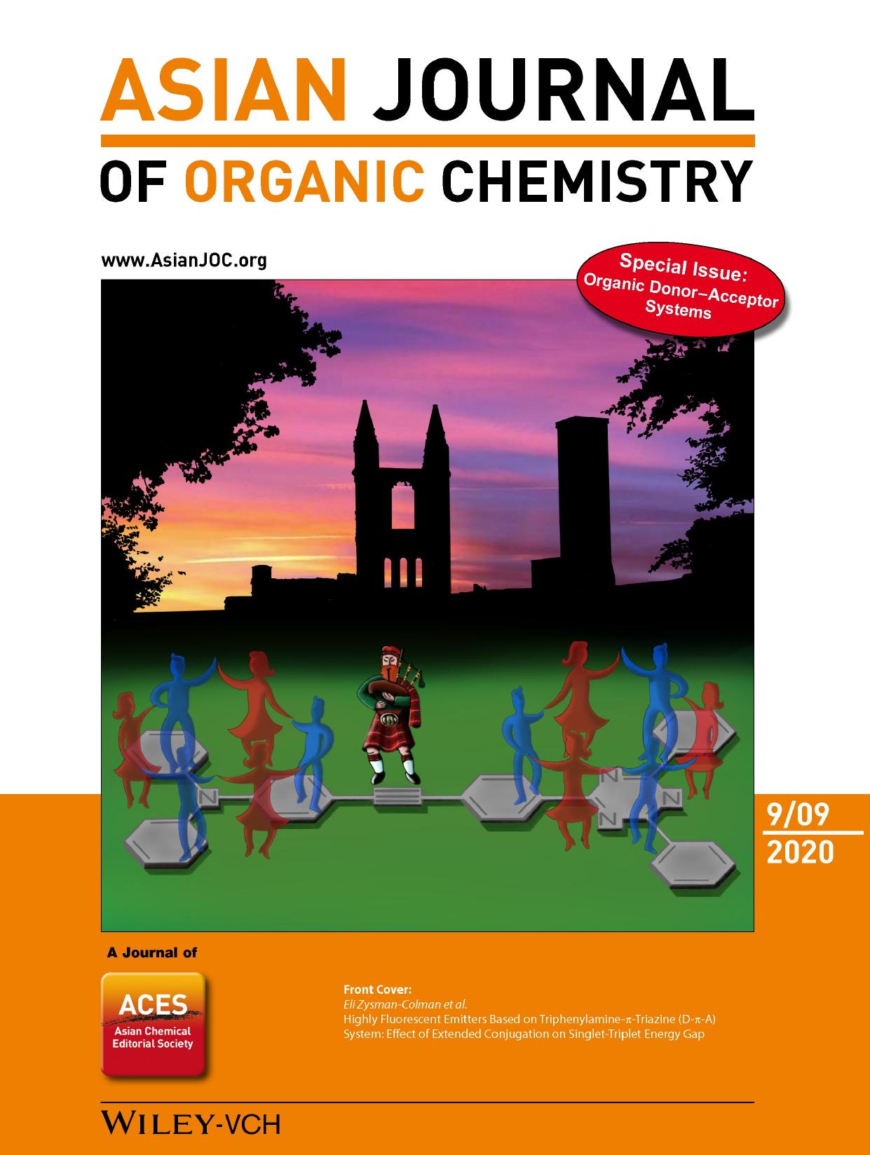 Front Cover: Highly Fluorescent Emitters Based on TriphenylamineâÏâTriazine (DâÏâA) System: Effect of Extended Conjugation on SingletâTriplet Energy Gap (Asian J. Org. Chem. 92020) by Unknown
