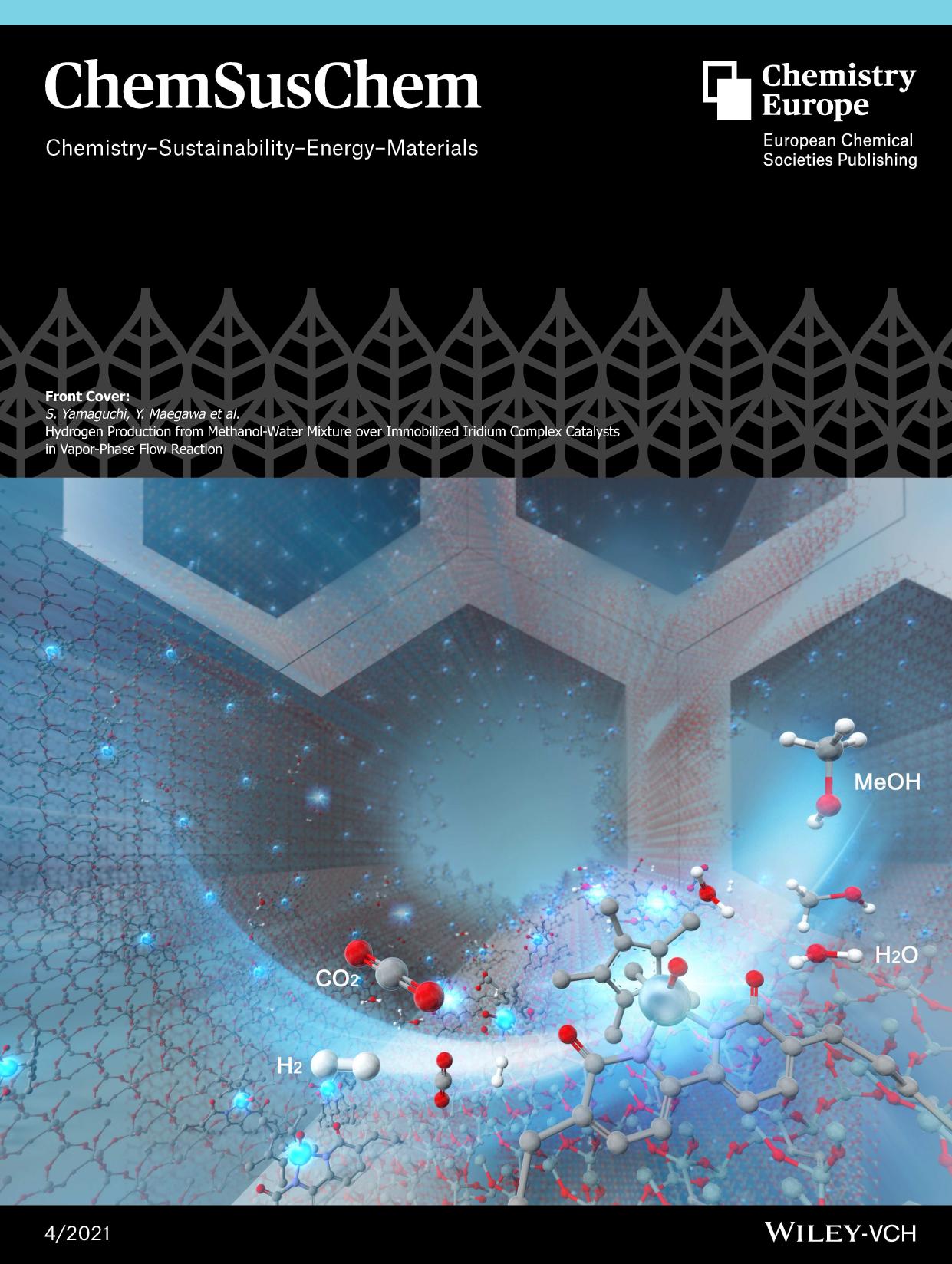 Front Cover: Hydrogen Production from MethanolâWater Mixture over Immobilized Iridium Complex Catalysts in VaporâPhase Flow Reaction (ChemSusChem 42021) by Unknown