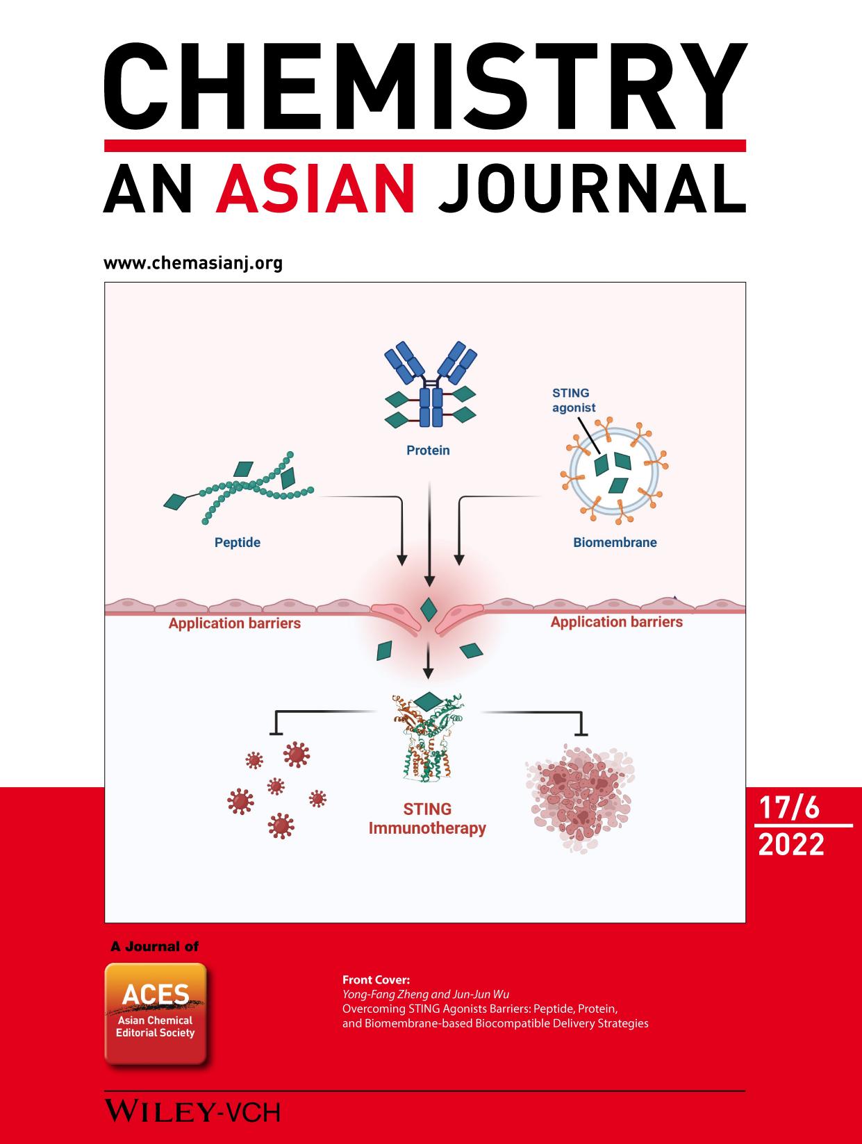 Front Cover: Overcoming STING Agonists Barriers: Peptide, Protein, and Biomembraneâbased Biocompatible Delivery Strategies (Chem. Asian J. 62022) by Unknown