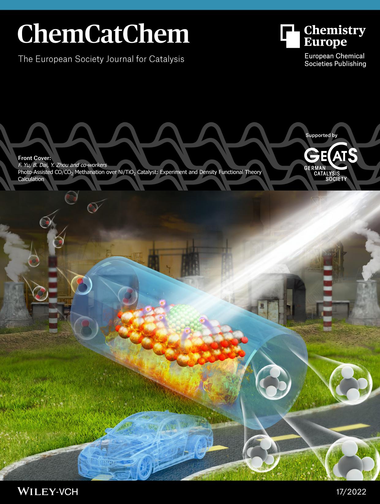 Front Cover: PhotoâAssisted COCO2 Methanation over NiTiO2 Catalyst: Experiment and Density Functional Theory Calculation (ChemCatChem 172022) by Unknown