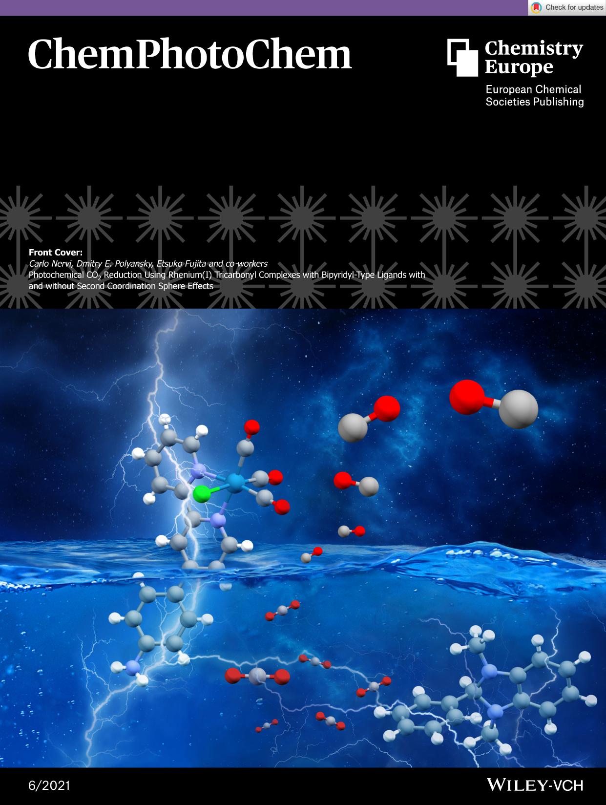 Front Cover: Photochemical CO2 Reduction Using Rhenium(I) Tricarbonyl Complexes with BipyridylâType Ligands with and without Second Coordination Sphere Effects (ChemPhotoChem 62021) by Unknown
