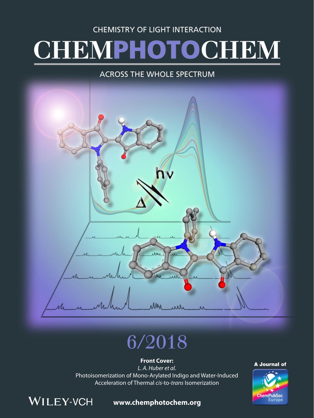 Front Cover: Photoisomerization of MonoâArylated Indigo and WaterâInduced Acceleration of Thermal cisâtoâtrans Isomerization (ChemPhotoChem 62018) by Unknown