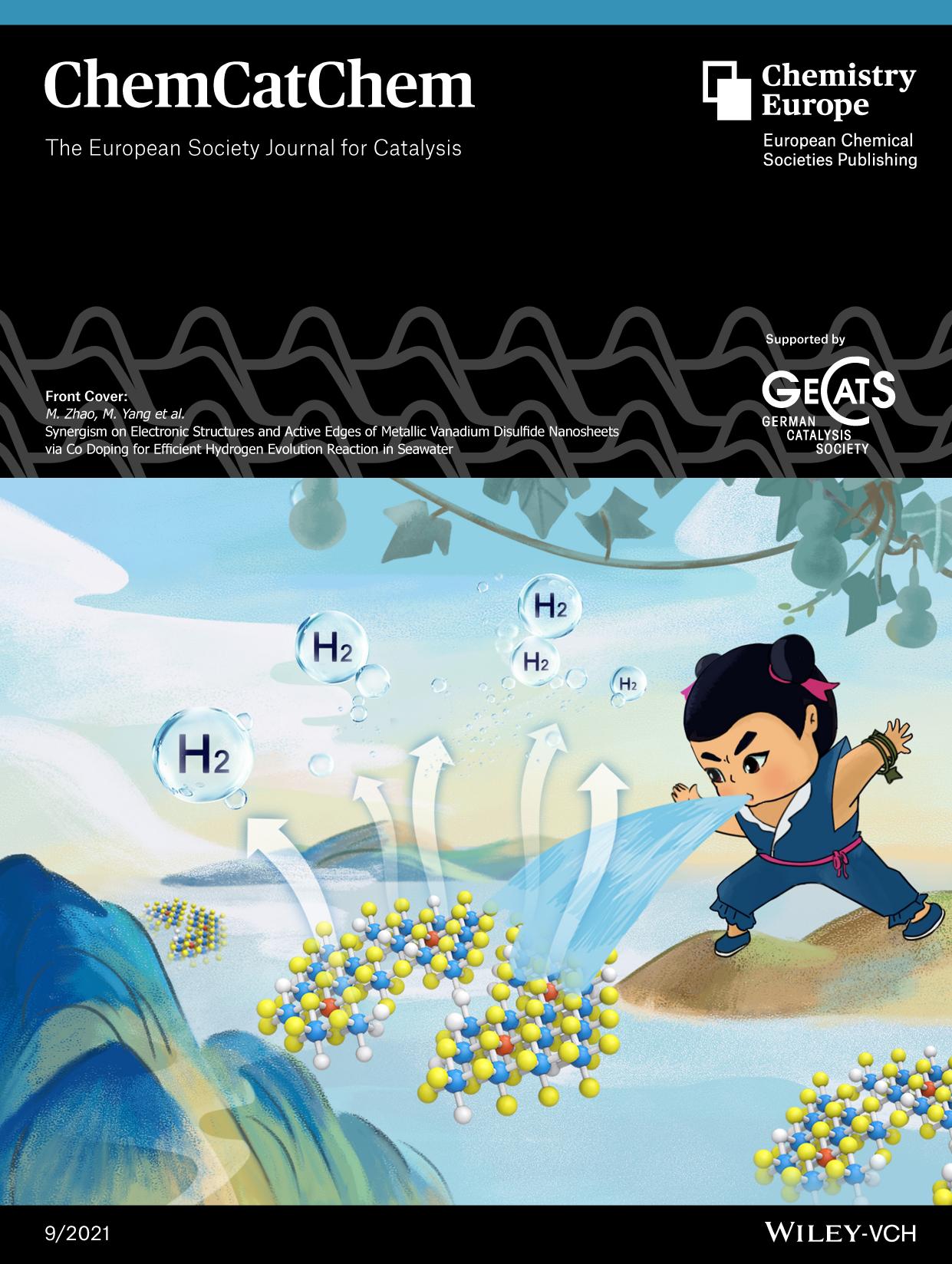 Front Cover: Synergism on Electronic Structures and Active Edges of Metallic Vanadium Disulfide Nanosheets via Co Doping for Efficient Hydrogen Evolution Reaction in Seawater (ChemCatChem 92021) by Unknown