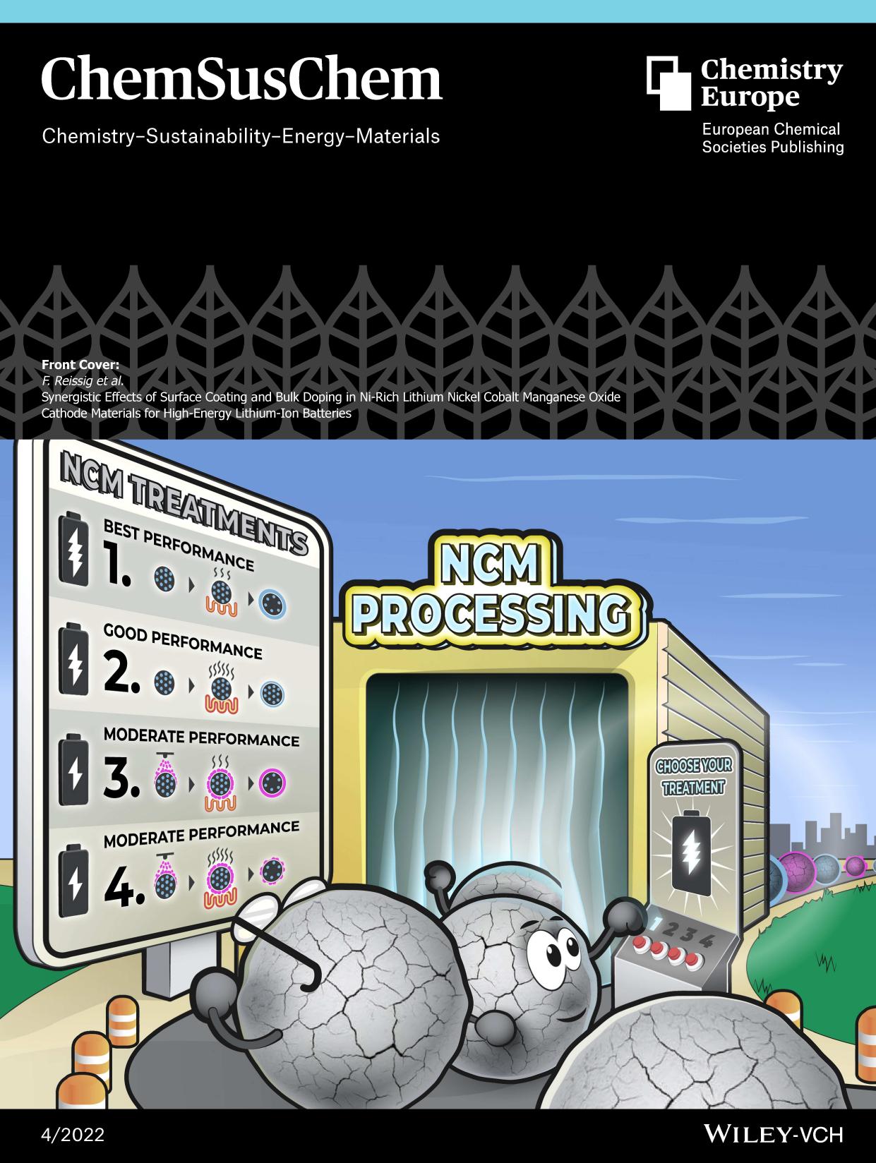 Front Cover: Synergistic Effects of Surface Coating and Bulk Doping in NiâRich Lithium Nickel Cobalt Manganese Oxide Cathode Materials for HighâEnergy Lithium Ion Batteries (ChemSusChem 42022) by Unknown