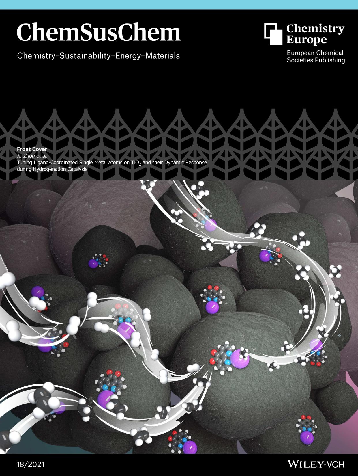 Front Cover: Tuning LigandâCoordinated Single Metal Atoms on TiO2 and their Dynamic Response during Hydrogenation Catalysis (ChemSusChem 182021) by Unknown